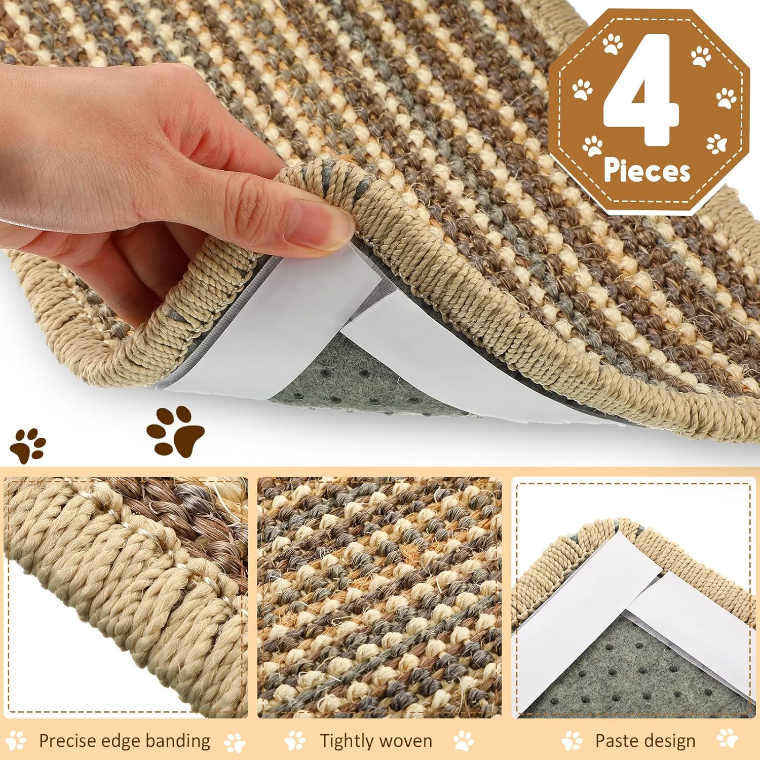 Weysat 4 Pcs Cat Scratcher Mat, Natural Sisal Scratch Mat with Sticky Tapes, 7.8 x 15.7 Inch Cat Scratch Pad Rug Scratching Pad for Protecting Sofa Furniture Chair