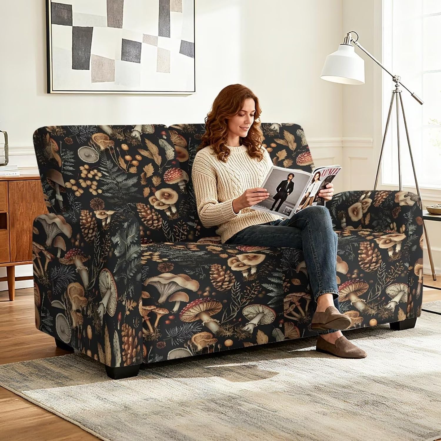 Suobstales Mushroom Leaves Print 6-Piece Recliner Loveseat Covers Stretch Reclining Couch Covers for 2 Seat Recliner Sofa Slipcover Thick Soft Washable
