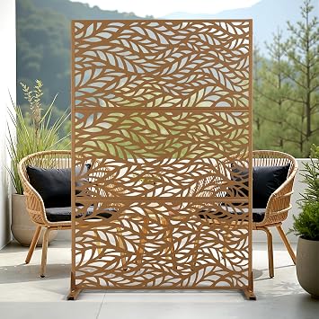 Metal Outdoor Privacy Screen, Freestanding Fence for Patio, Yard and Garden, Weathering Resistance Tall Panels with Stand, Brown