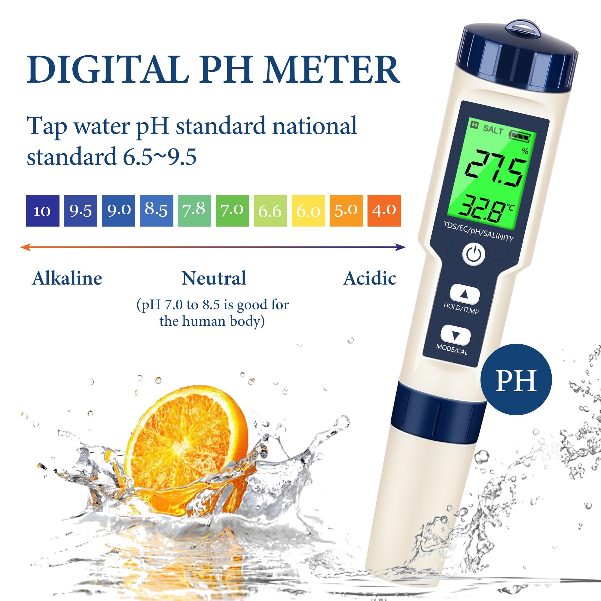 Medidor de pH y medidor de pH digital, probador de agua 5 en 1, probador de salinidad de pH de temperatura EC y TDS, medidor de pH para agua con retroiluminación LCD, kits de prueba de agua para agua