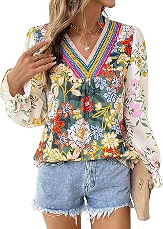 SHEWIN Womens Blouses Casual V Neck Long Sleeve Floral Print Chiffon Crochet Trim Tops Shirts