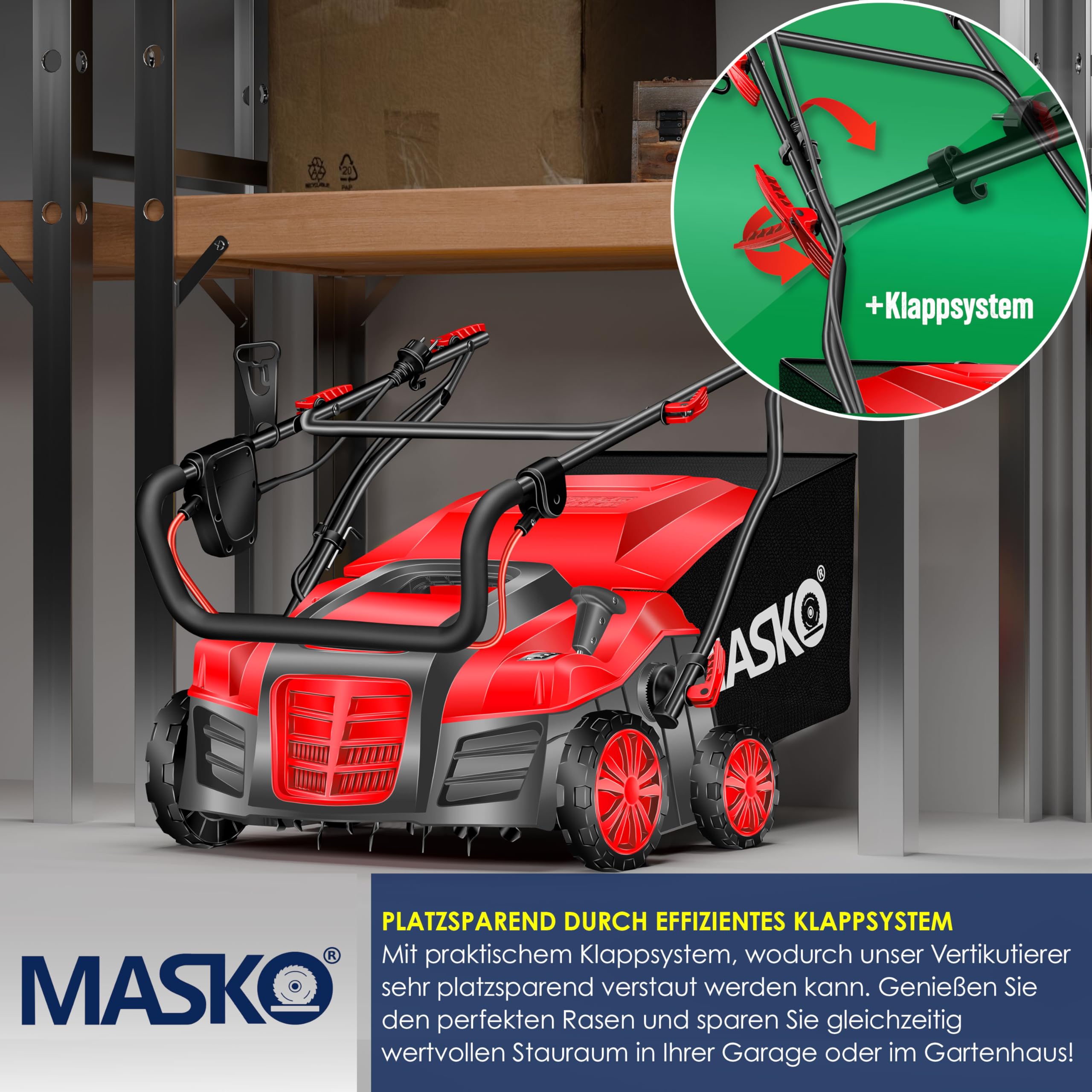 MASKO® Scarificateur électrique 2 en 1 Aérateur de gazon 1 800 watts largeur de travail 40 cm bac de ramassage 55 L incluant rouleau de ventilation aérateur démousseur, profondeur de travail, rouge