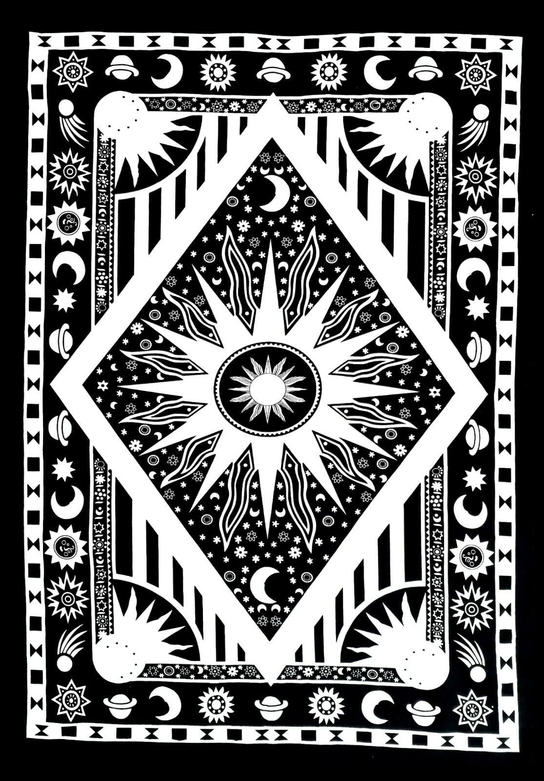 AVA Collections Burning Sun Moon Tapestry Mandala Wall Hangings Tapestries Wall Art Trippy hippie Small Bohemian Poster Boho Decor Size 102x76 cm (Burning Sun Tapestry B/W)