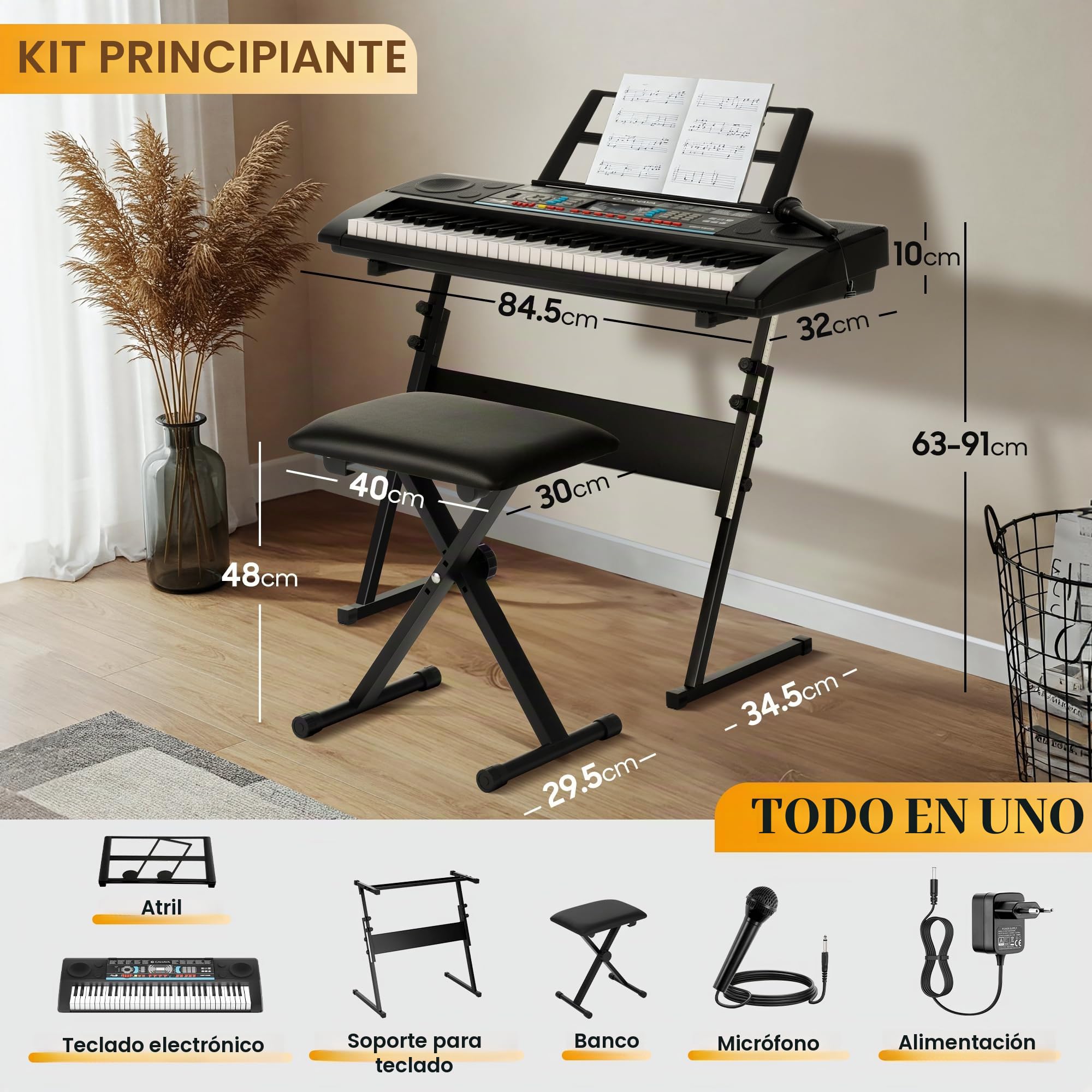 CAHAYA Piano Digital de 61 Teclas - Piano Eléctrico Portátil para Principiantes con 3 Modos de Enseñanza 128 Sonidos y 128 Ritmos Set con Soporte Banco Micrófono y Altavoces Integrados