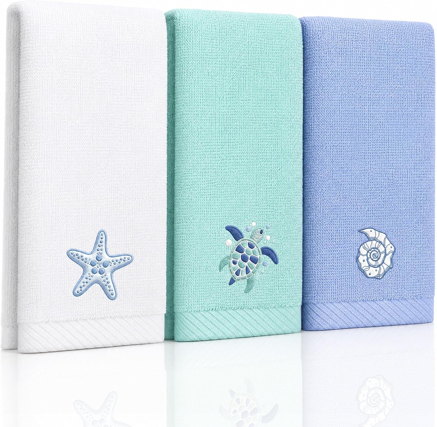 Ocean Beach Hand Towels, 3 Pcs Cotton Embroidered Coastal Sea Turtle Bathroom Towels 16x24 Inch, Soft Absorbent Blue Kitchen Dish Towel for Summer Tropical Home Decor Housewarming Gifts