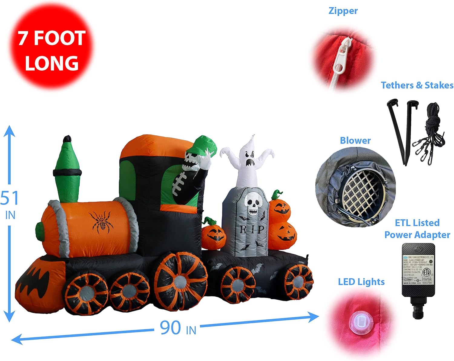 7 FT Long Halloween Inflatable Skeleton on Train Ghost Tombstone Pumpkins LED Lights Outdoor Indoor Holiday Decorations, Blow up Lighted Yard Decor Giant Lawn Home Garden Party Favor Decoration
