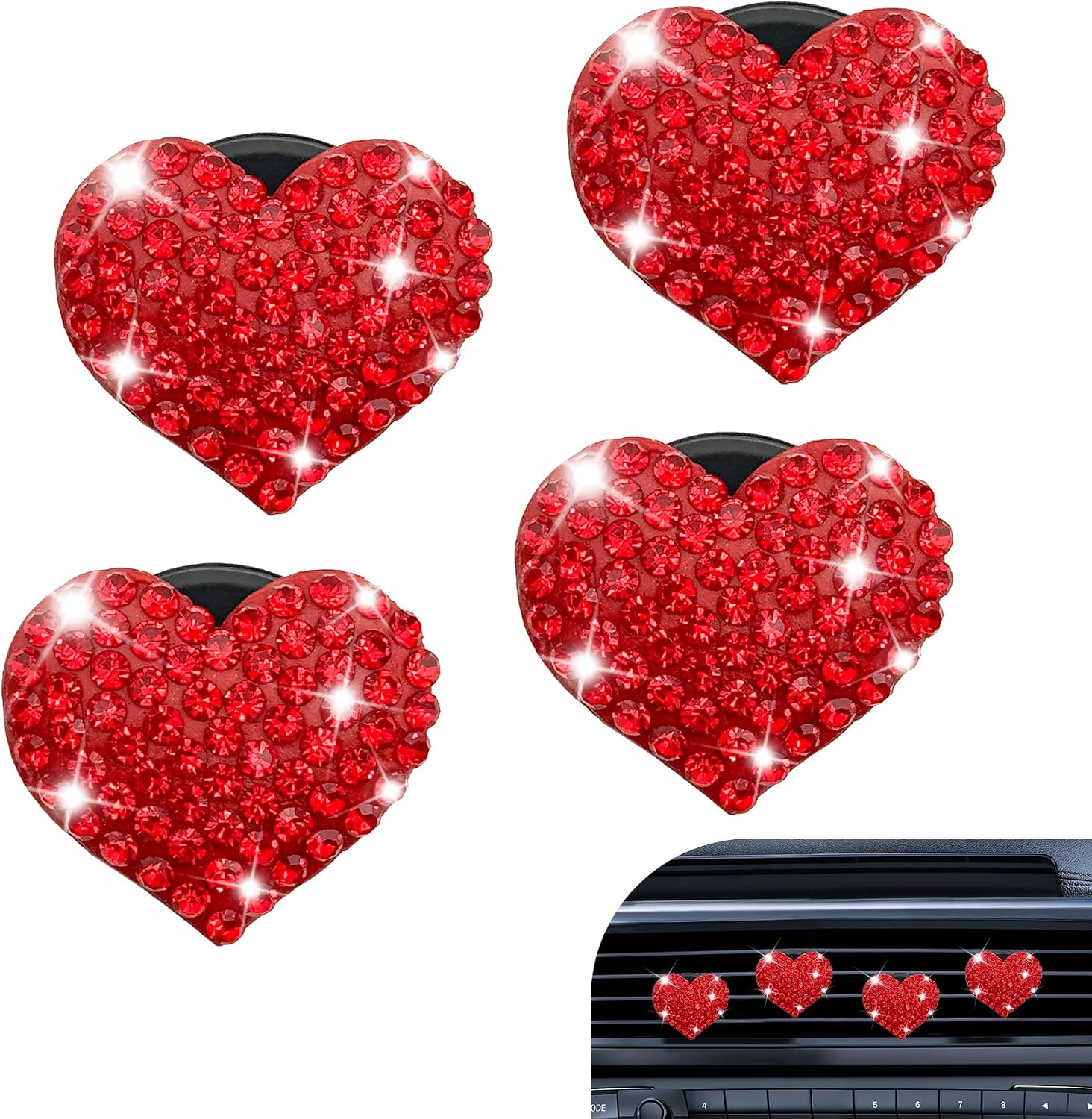 4PCS Heart-Shaped Car Vent Clips, Crystal Rhinestone Car Air Vent Clip, Heart Car Air Conditioning Outlet Perfume Holder, Universal Bling Car Interior Accessories for Women Girls (Red)