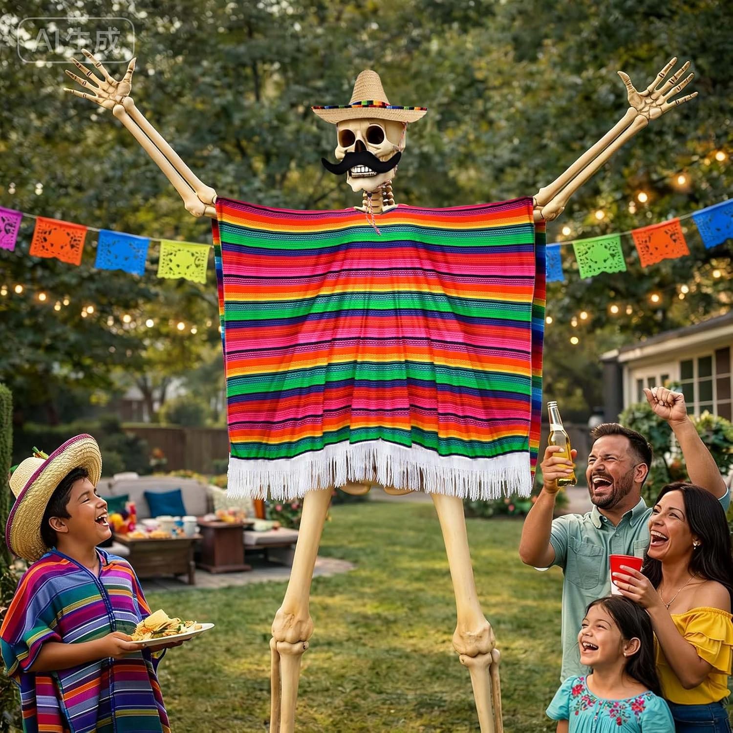 JcHrmers 12ft Skeleton Mexican Costume Set Including Poncho Beard and Hat for Festival Holiday Spring Garden Lawn Patio Outdoor Decoration