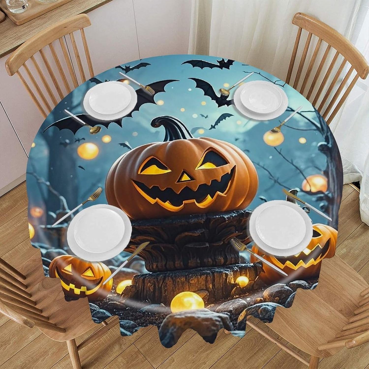 60 Inch Round Halloween Flying Bats Tablecloth Waterproof Heavy Duty Polyester Table Cloth Spill-Proof Wipeable Table Cover Decorative Circle Dining Tablecover for Party Outdoor