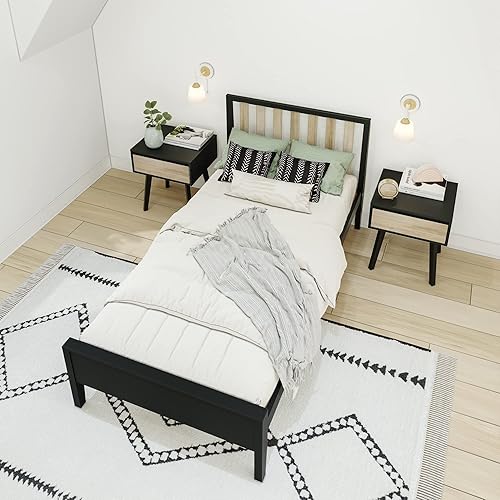 Miniatura 27 de Max & Lily Cama matrimonial, cama moderna escandinava para niños, marco de cama individual de madera maciza con cabecero de rejillas, no necesita