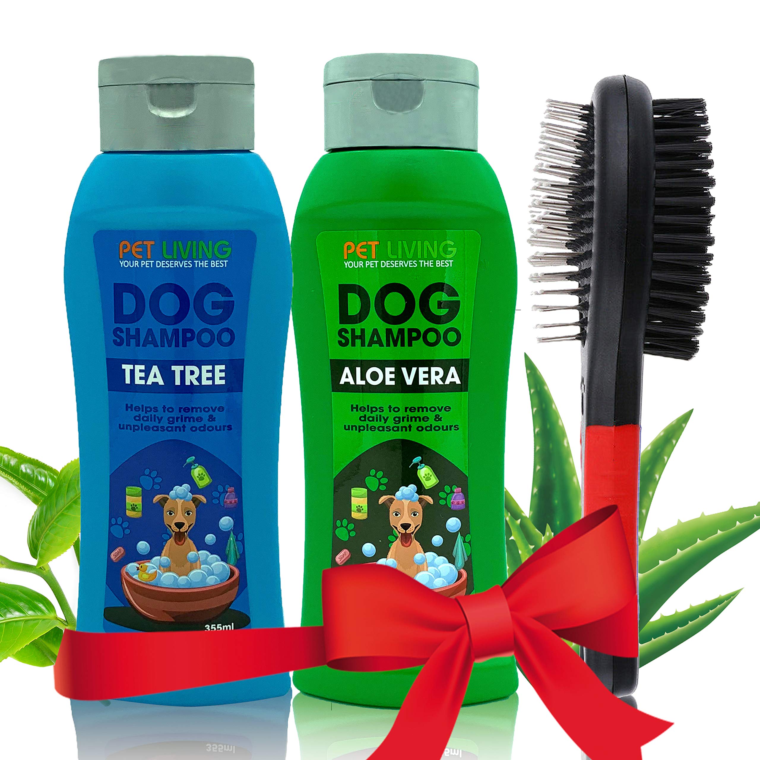 Dog Shampoo & Dog Brush | COMBO PACKAGE DEAL | 3 in 1 Dog Grooming Kit | Aloe Vera and Tea Tree Shampoo | Pet Hair Remover | Pet Shampoo | Dog Brushes for Grooming with 2 Dog Shampoos (Mix Combo) — image 1