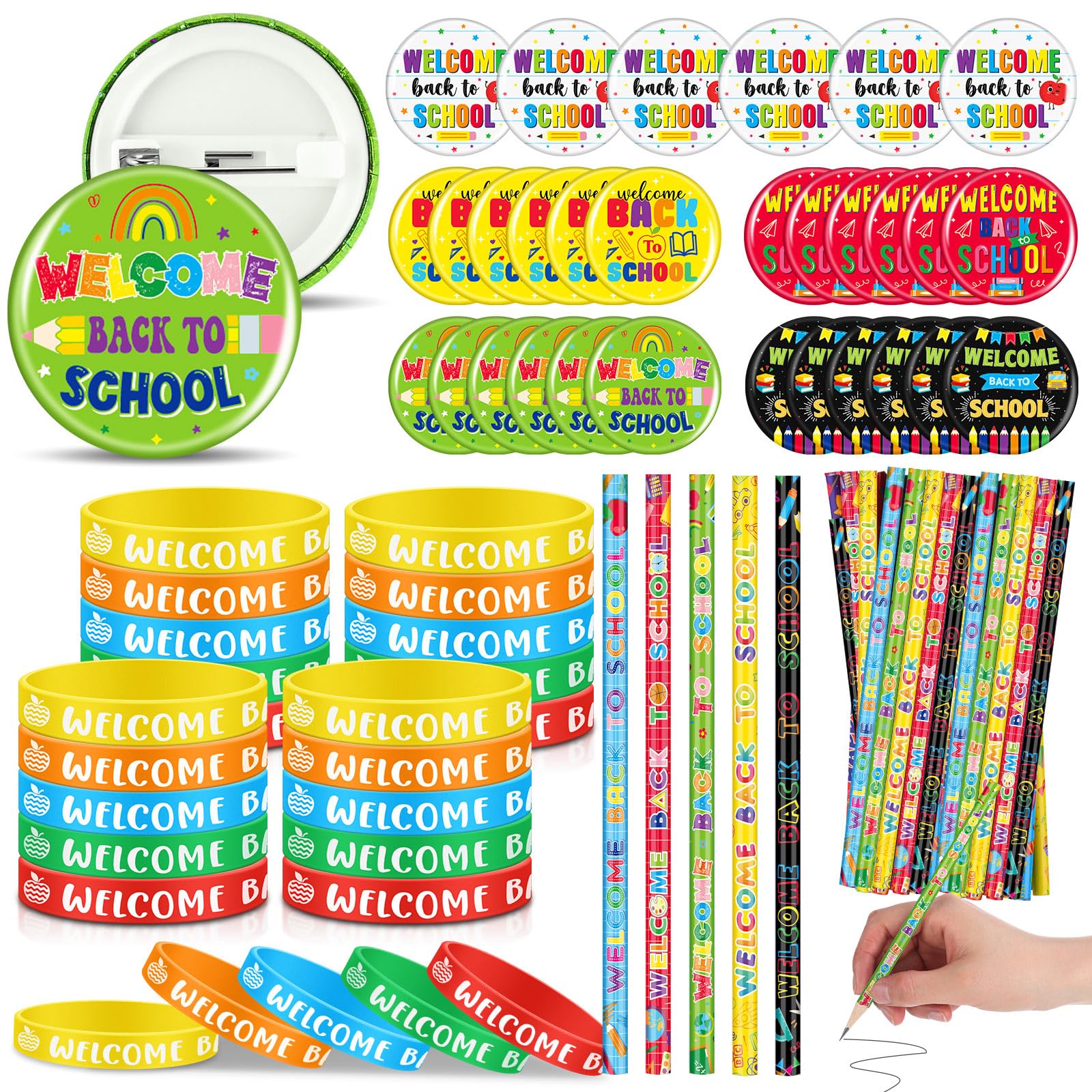 90 Pcs Welcome Back to School Party Favors Set Include 30 Pencil 30 Wristband 30 Badge Button for Student Classroom Reward First Day of School Party