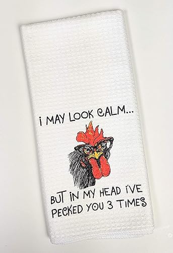 Miniatura 6 de I May Look Calm But In My Head I've Pecked You 3 Times Funny Gift Angry Rooster Chicken - Waffle Weave Kitchen Towel Farmhouse Decor, White