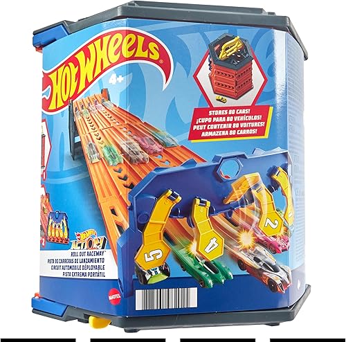Miniatura 7 de Hot Wheels Track Builder Action, pista de rodadura enrollable, juego de pista con pista de carreras de 5 carriles y cubo de almacenamiento