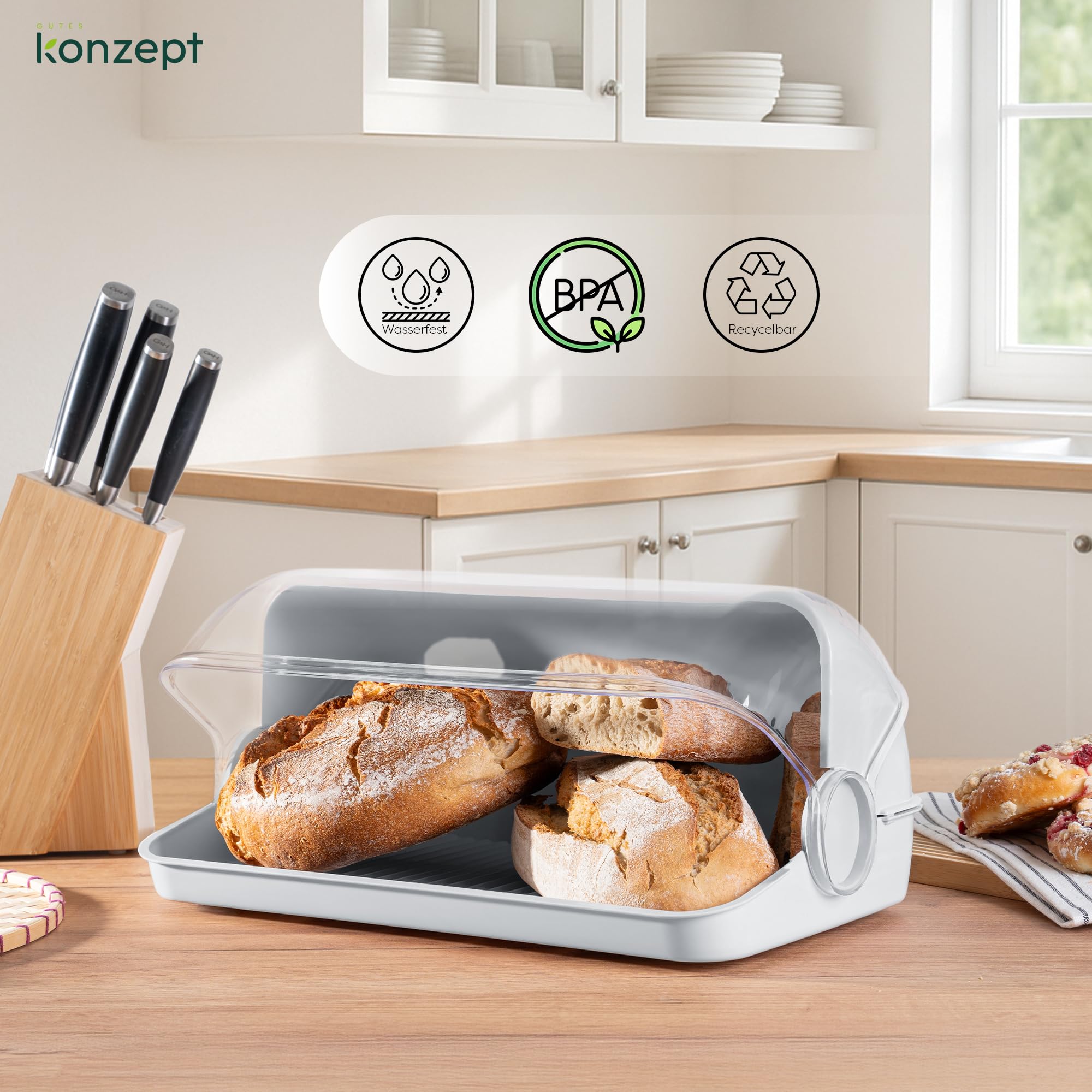 KONZEPT Brotkasten aus Kunststoff Grau - Brot Aufbewahrungsbox für Brötchen, Kuchen und Brot, Brotdose mit hoher Kapazität, Transparent