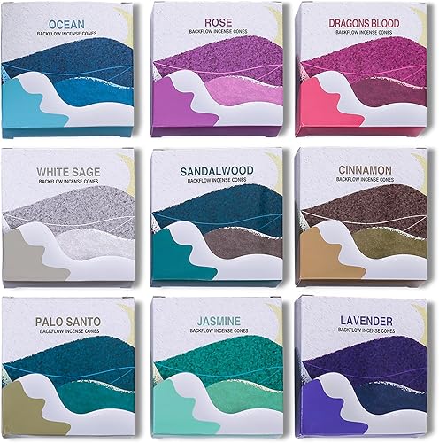 Conos de incienso de reflujo  Juego de 9 conos de incienso de cascada perfumados  Palo Santo, jazmín, lavanda, océano, sándalo, canela, salvia