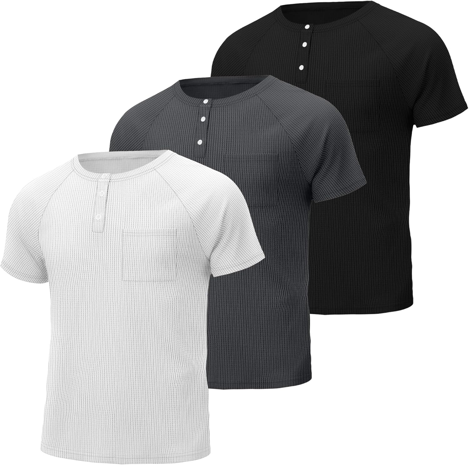 3 Pack Men's Big and Tall Waffle Henley T-Shirts, Raglan Short Sleeve Button Oversized Tops Basic Tees with Pocket - Image 5