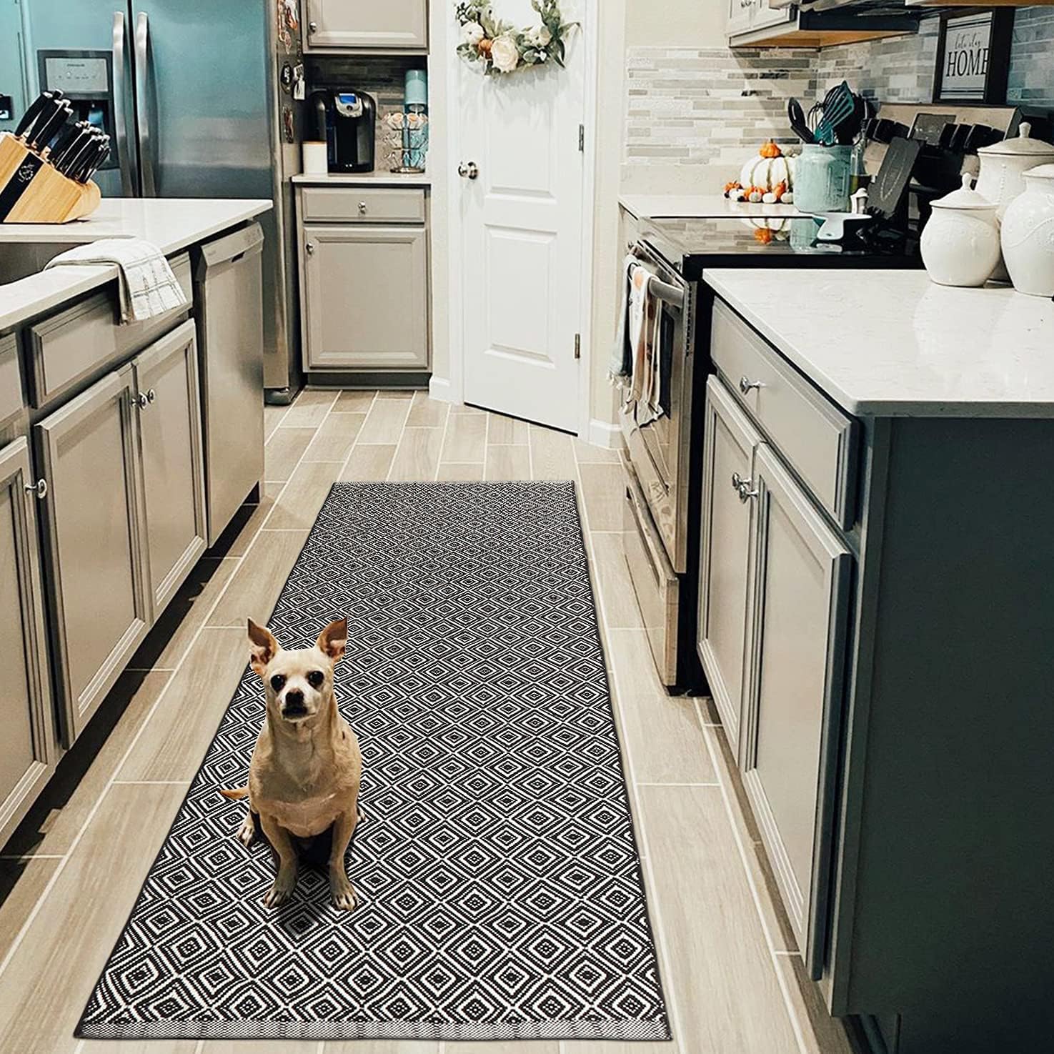 Reversible Diamond Kitchen Rug Runner 2'x6' LEEVAN Geometric Hand Woven Washable Laundry Rugs Throw Floor Carpet Boho Black and White Rug for Farmhouse Entryway Porch Decor