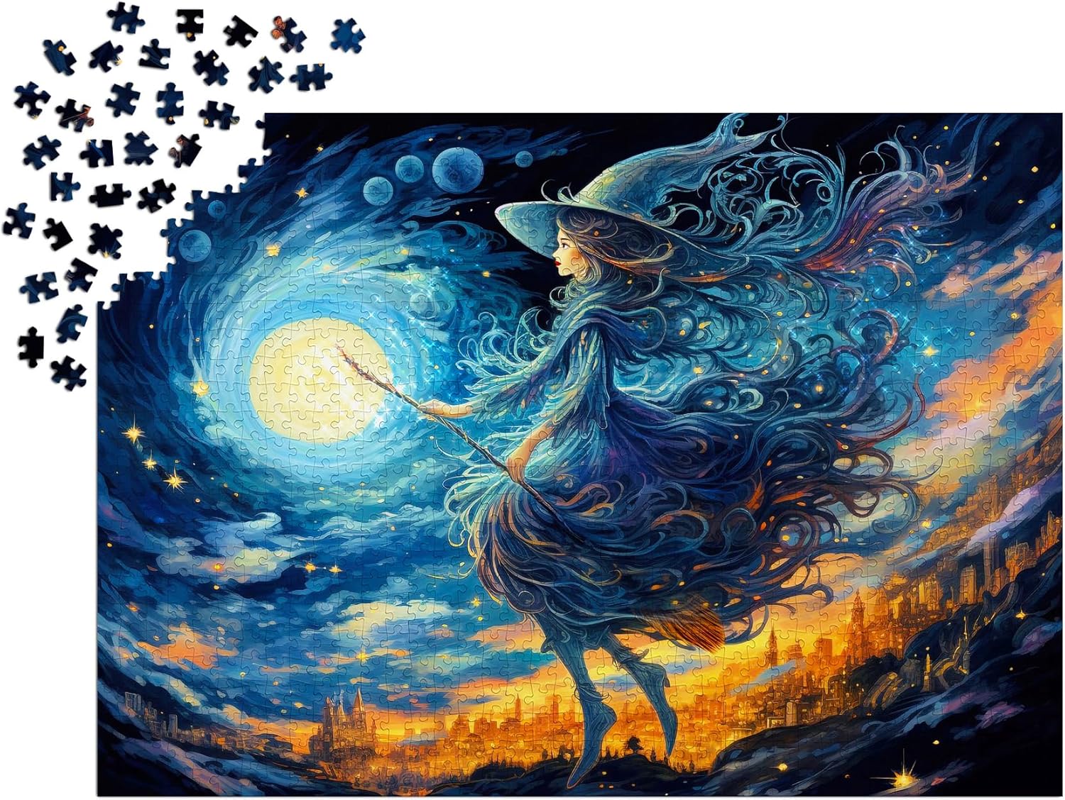 1000 Pieces Jigsaw Puzzle – Matte Finish, Soft Touch, Easy to Assemble, Tight Fit, Vivid Colors, Missing Pieces Service – Magical Witch in Full Moon Sky Above City Illustration by ENJOY Puzzle