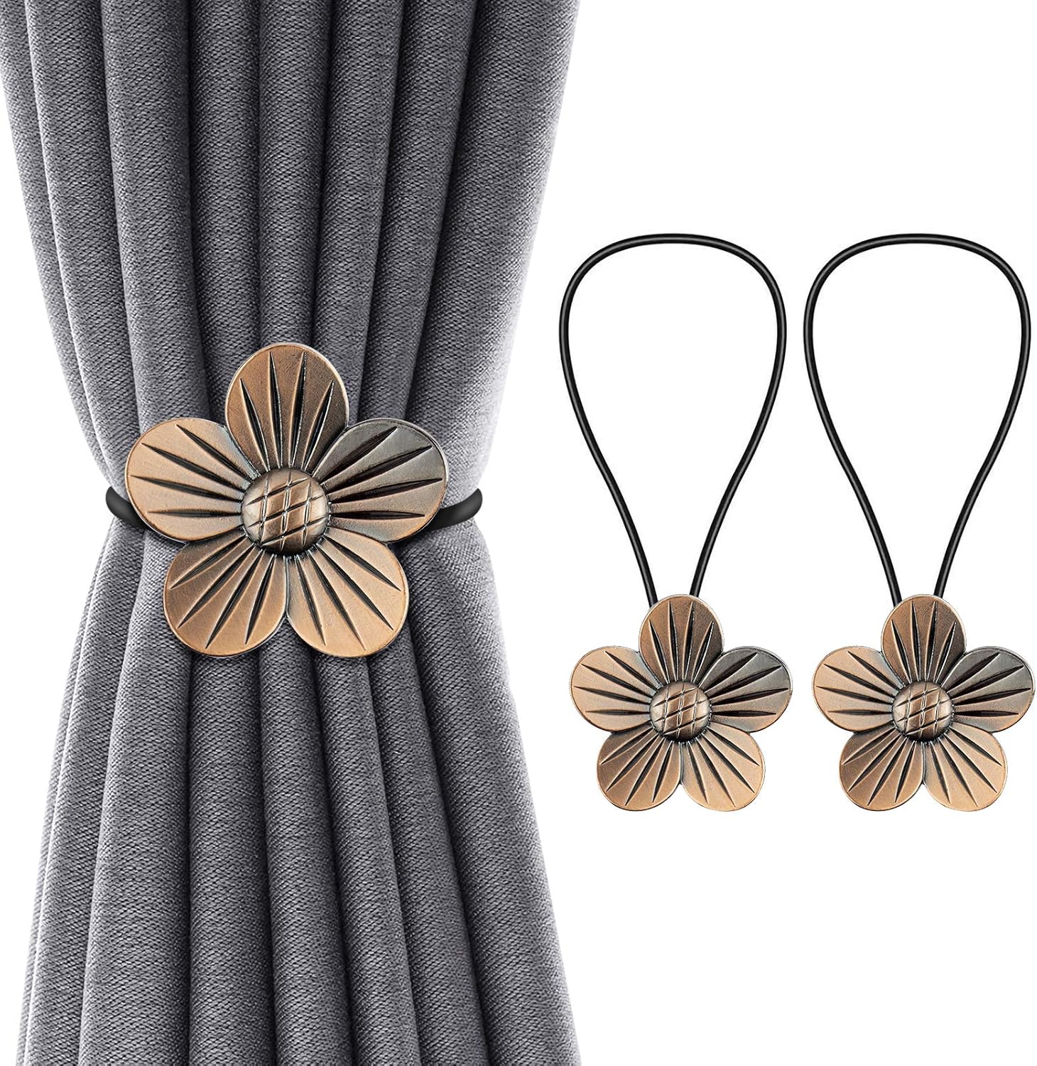 Bligli Vintage Magnetic Curtain Tiebacks, 1 Pair Resin Flower Curtain Drapery Holdback Window Curtain Decorative Buckle Holder，2 Packs Artistic Curtain Tiebacks for Home Balcony Office - Red Bronze