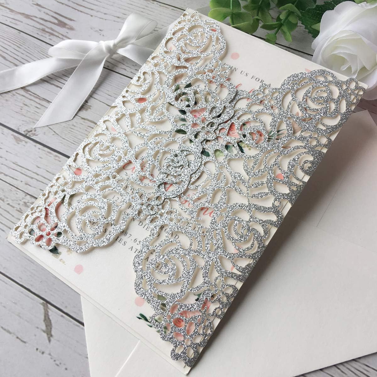 50PCS 5.12 x 7.28'' Silver Wedding Invitations Cards with Bowknot Laser Cut Hollow Rose Pocket Invitation for Wedding Bridal Shower Invite (Silver Glitter)