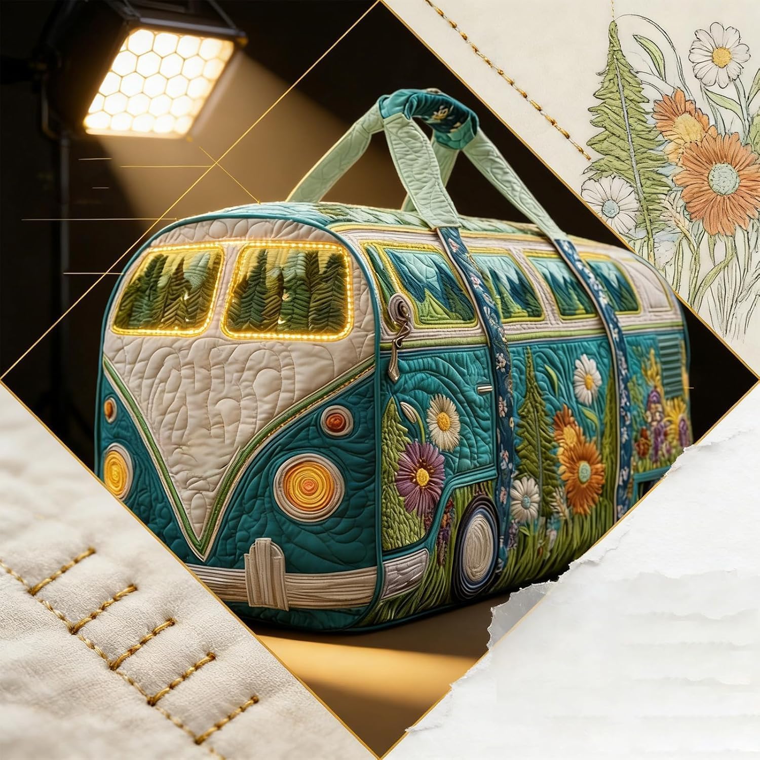 Hippie Van Quilted Duffle Bag,Boho Vintage Floral Weekender Travel Bag,Large Capacity Lightweight Gym Tote for Women (G) - 4