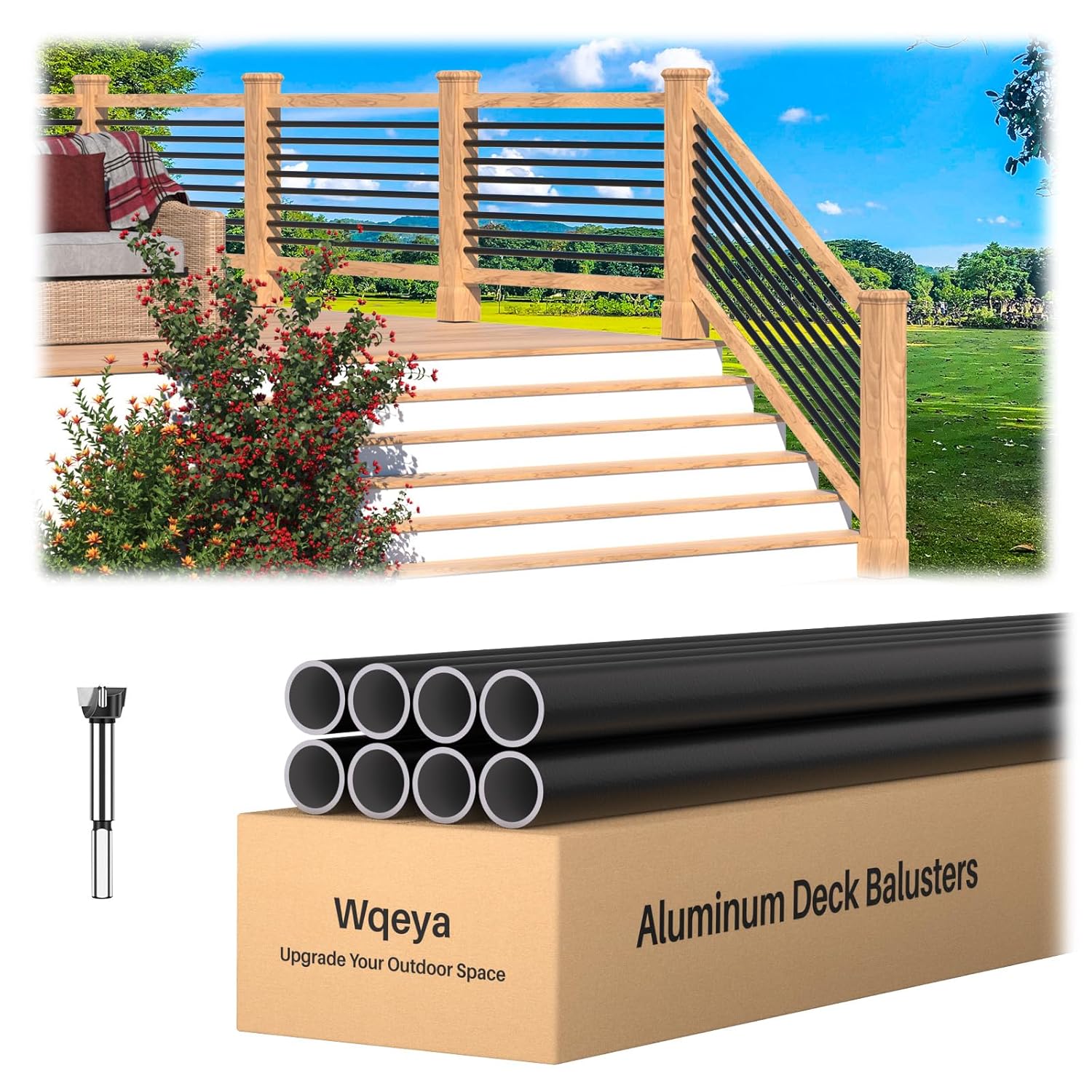 8 Pack 4.7 FT x 5/8 inch Iron & Aluminum Horizontal Balusters for Staircase, Round Stair Balusters with Drill Bit, Matte Black Hollow Spindles for Indoor Outdoor