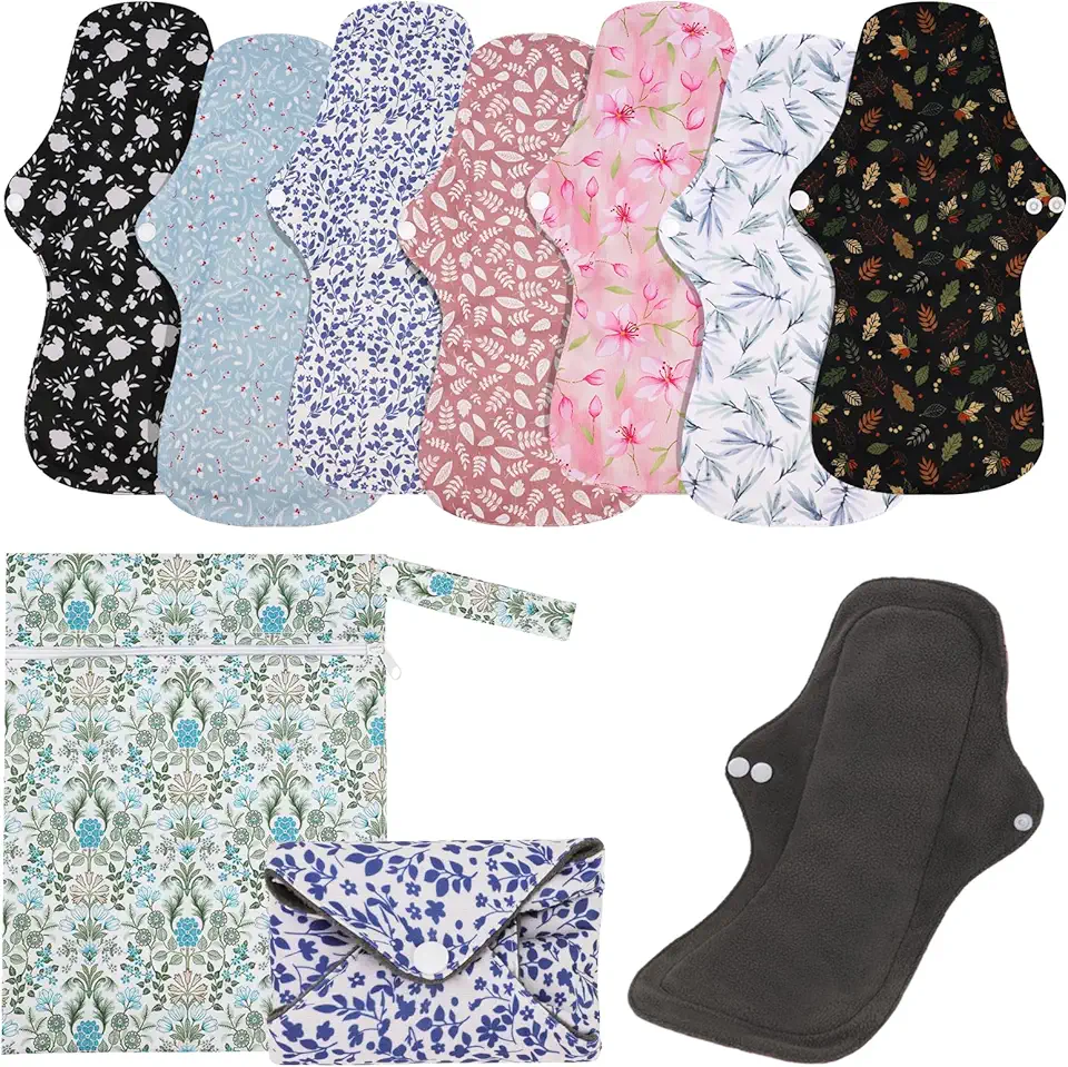 PHOGARY 7 Pack Reusable Menstrual Pads Large Sanitary Pads Set for Heavy Flow with 1 Wet Bag, Washable Overnight Cloth Panty Liners with Wings for Women, 33cm