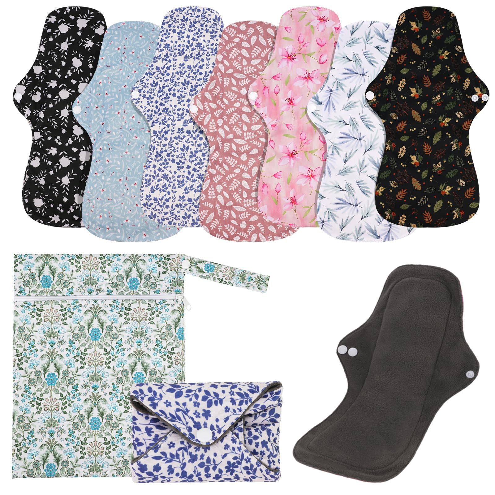 PHOGARY 7 Pack Reusable Menstrual Pads Large Sanitary Pads Set for Heavy Flow with 1 Wet Bag, Washable Overnight Cloth Panty Liners with Wings for