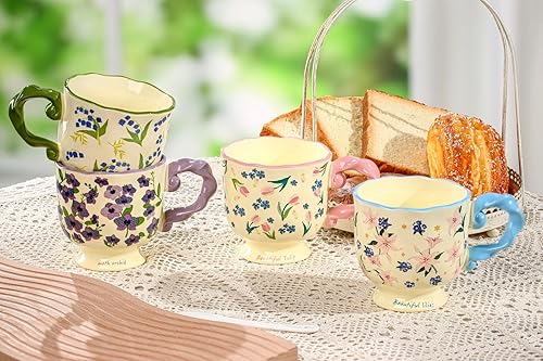 Miniatura 8 de Juego de 4 tazas de café, tazas de cerámica con flores vintage de 12 onzas, tazas estéticas de porcelana para té caliente, café, sopa, latte,