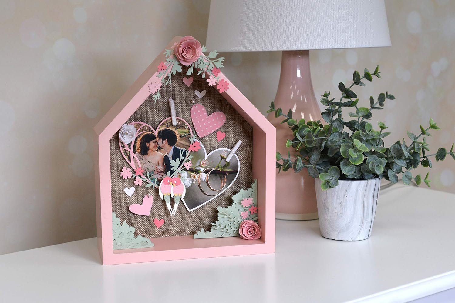 Example of a finished Love Birds Shadow Box project