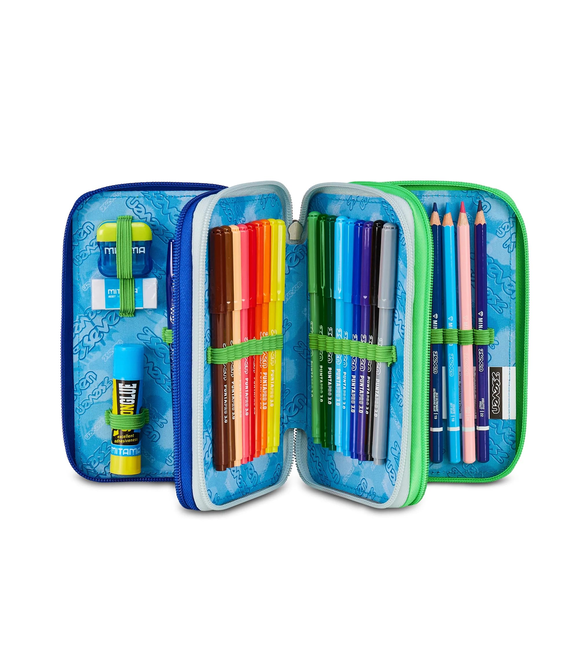Seven Freethink Set Scuola, Zaino con Astuccio 3 Zip, Diario e Borraccia, Design Multicolore (WRITE DOWN Blu)