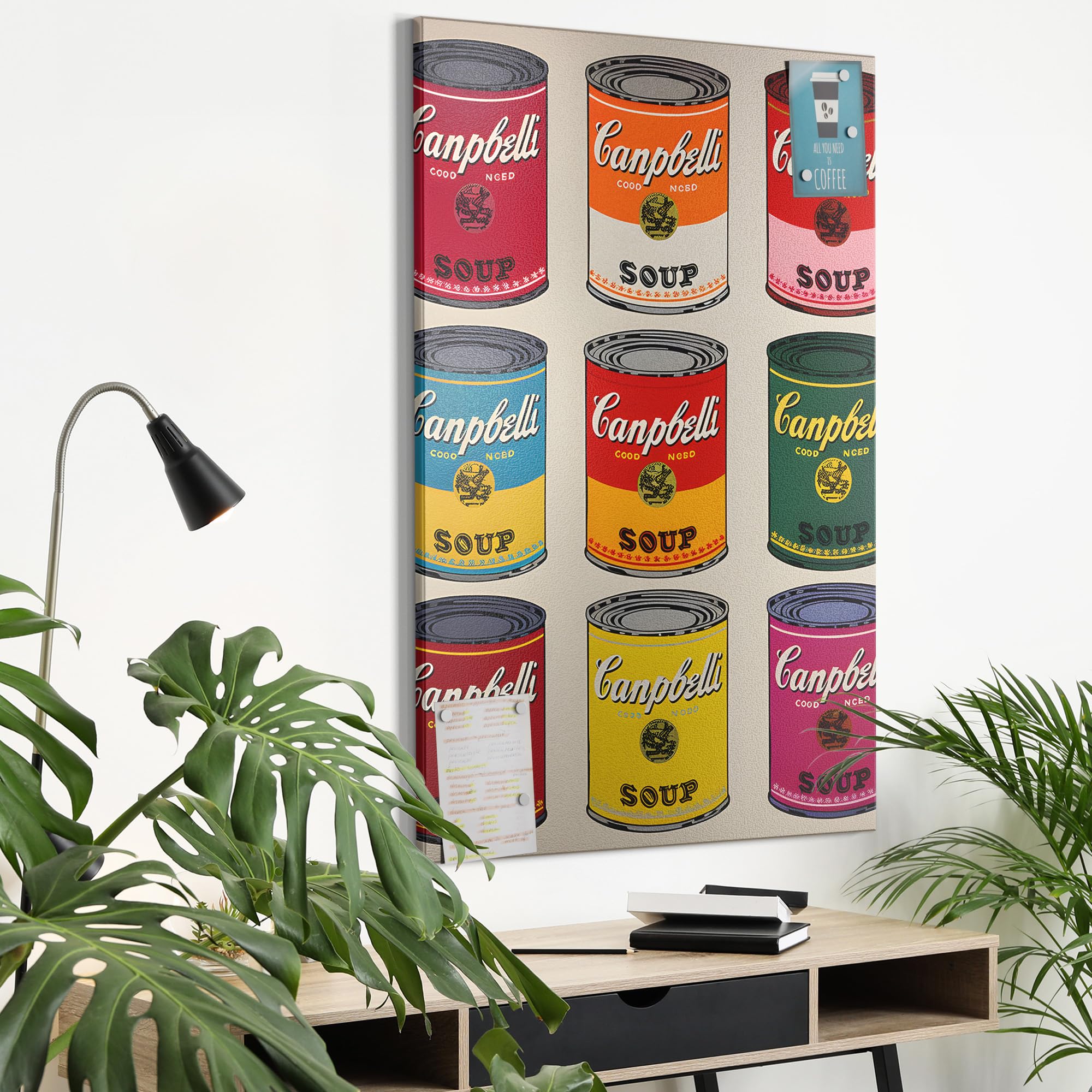 DEQOART Metall Magnettafel | 60x90 cm cm groß | Motiv Bunte Konserven | Whiteboard für alle Magnete | Magnetboard Wand-Tafel für Küche & Büro | Design Magnetwand Pinnwand magnetisch