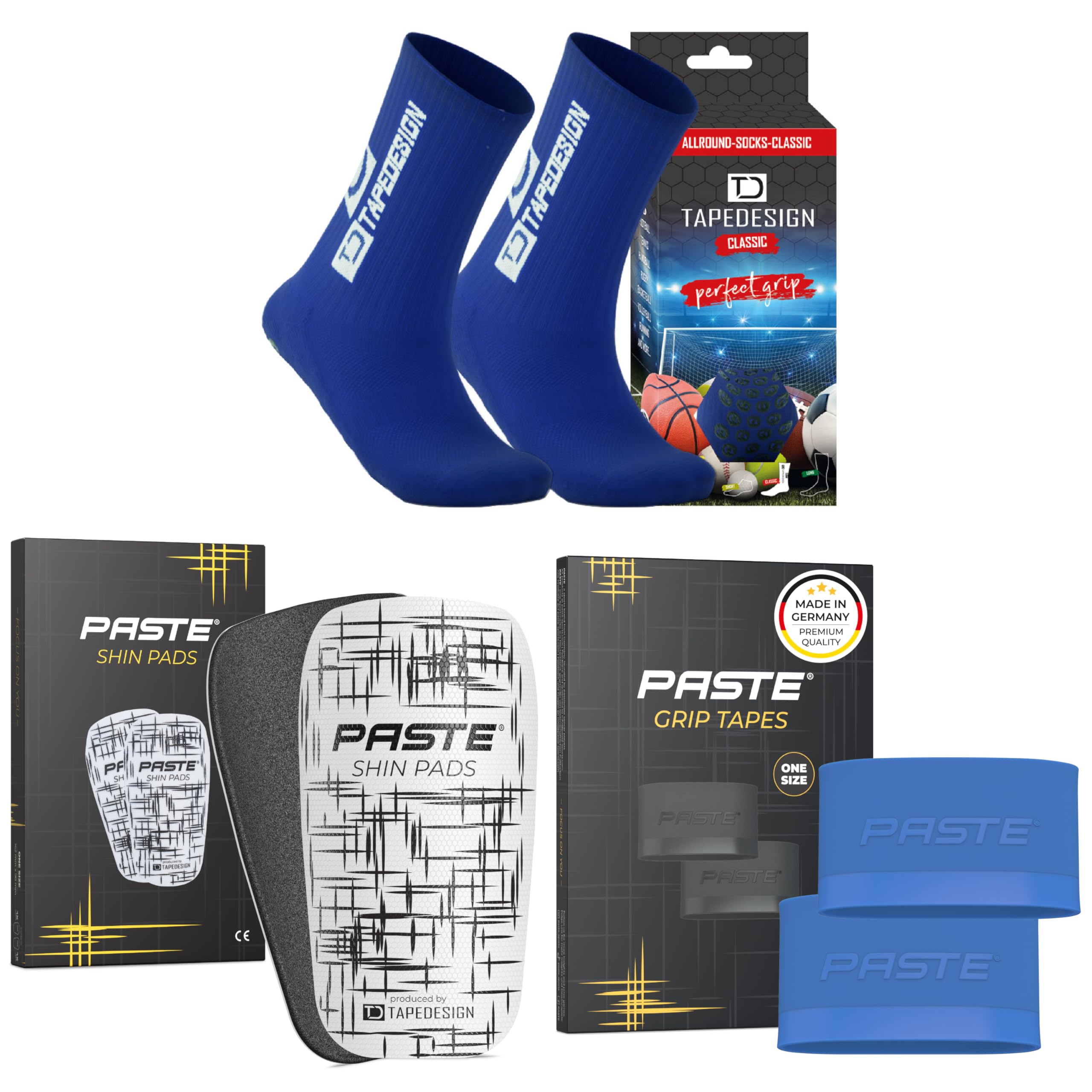 PASTE - Zestaw XXL do wyboru: TAPEDESIGN skarpety piłkarskie, ochraniacze piszczeli, getry i uchwyty na ochraniacze piszczeli PASTE (Grip Tapes) dla dzieci, kobiet i mężczyzn