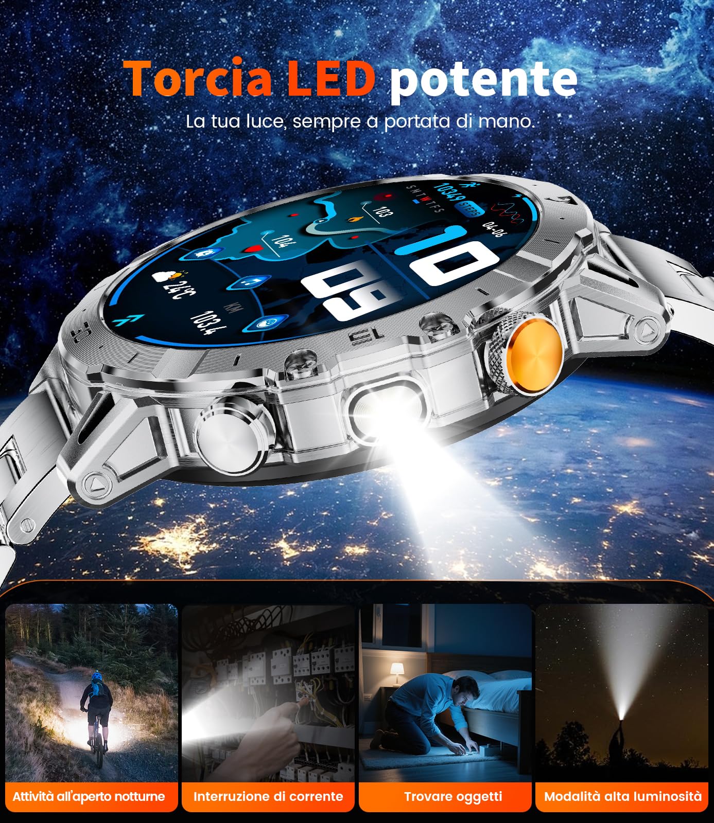 LIGE Smartwatch Uomo con 1000mAh/Torcia LED,Chiamata Bluetooth,1.7" Smart Watch Militare con 110+ Modalità Sportive,Impermeabile,Frequenza Cardiaca, Android iOS,3 Braccialetti+2 Caricabatterie,EF18-B