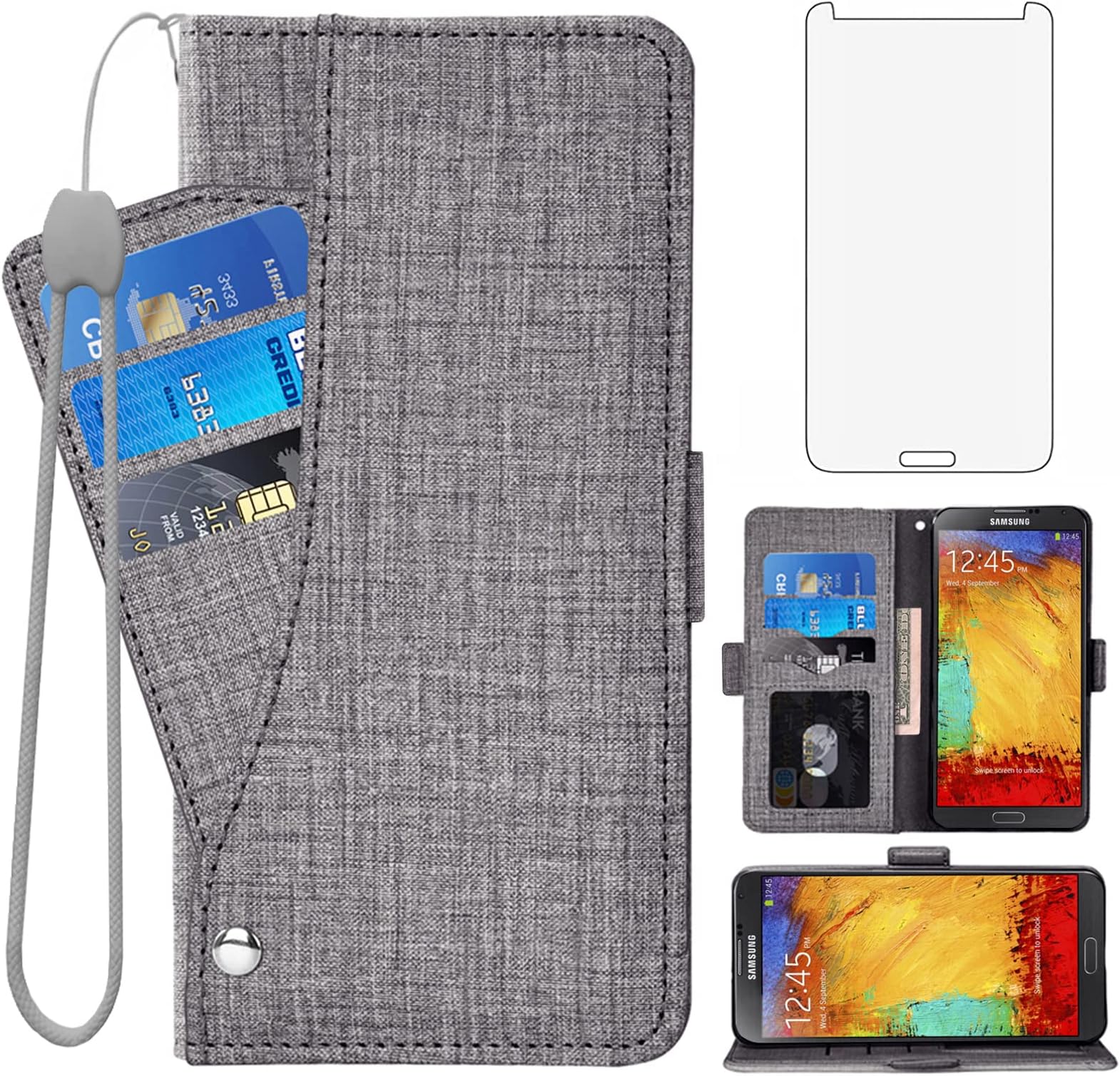 Compatible with Samsung Galaxy Note 3 Wallet Case Tempered Glass Screen Protector and Leather Flip Cover Card Holder Stand Cell Accessories Phone Cases for Glaxay Note3 N9005 Women Men Gray
