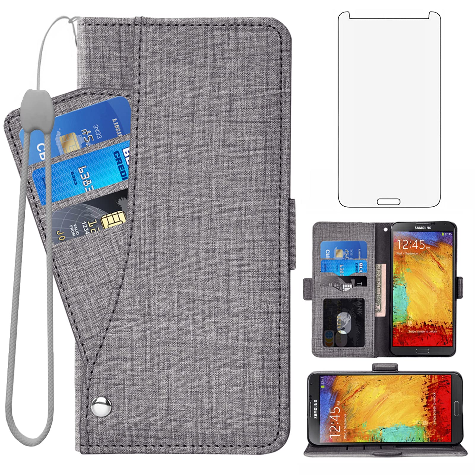 Compatible with Samsung Galaxy Note 3 Wallet Case Tempered Glass Screen Protector and Leather Flip Cover Card Holder Stand Cell Accessories Phone Cases for Glaxay Note3 N9005 Women Men Gray