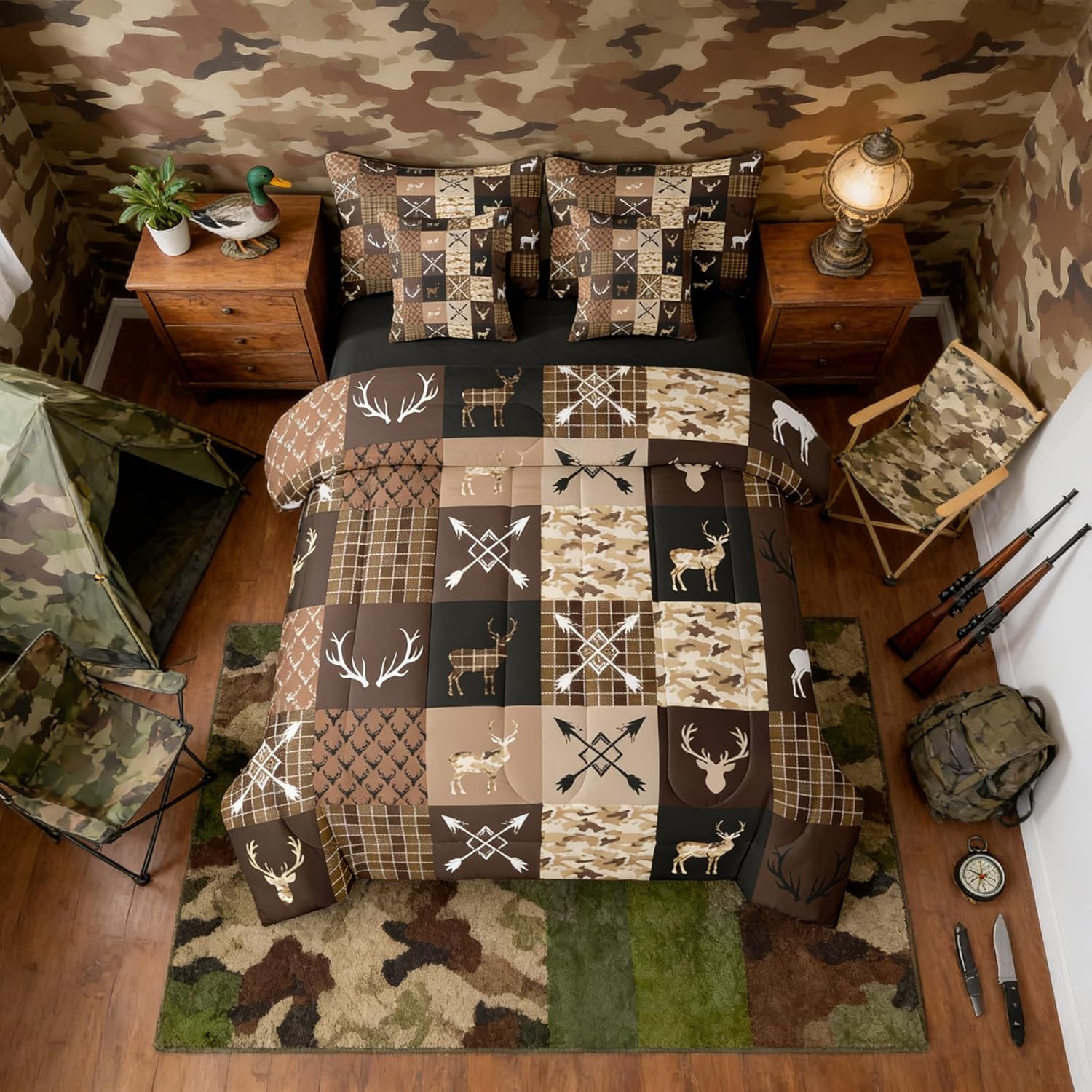 Feelyou 7 Piece Cute Deer Bed in a Bag Full for Boys Kids Deer Hunting Sheet Set,American Flag Camo Bed Set for Girls Women Cabin Deer Bedding Set with Comforter Wildlife Cushion Covers