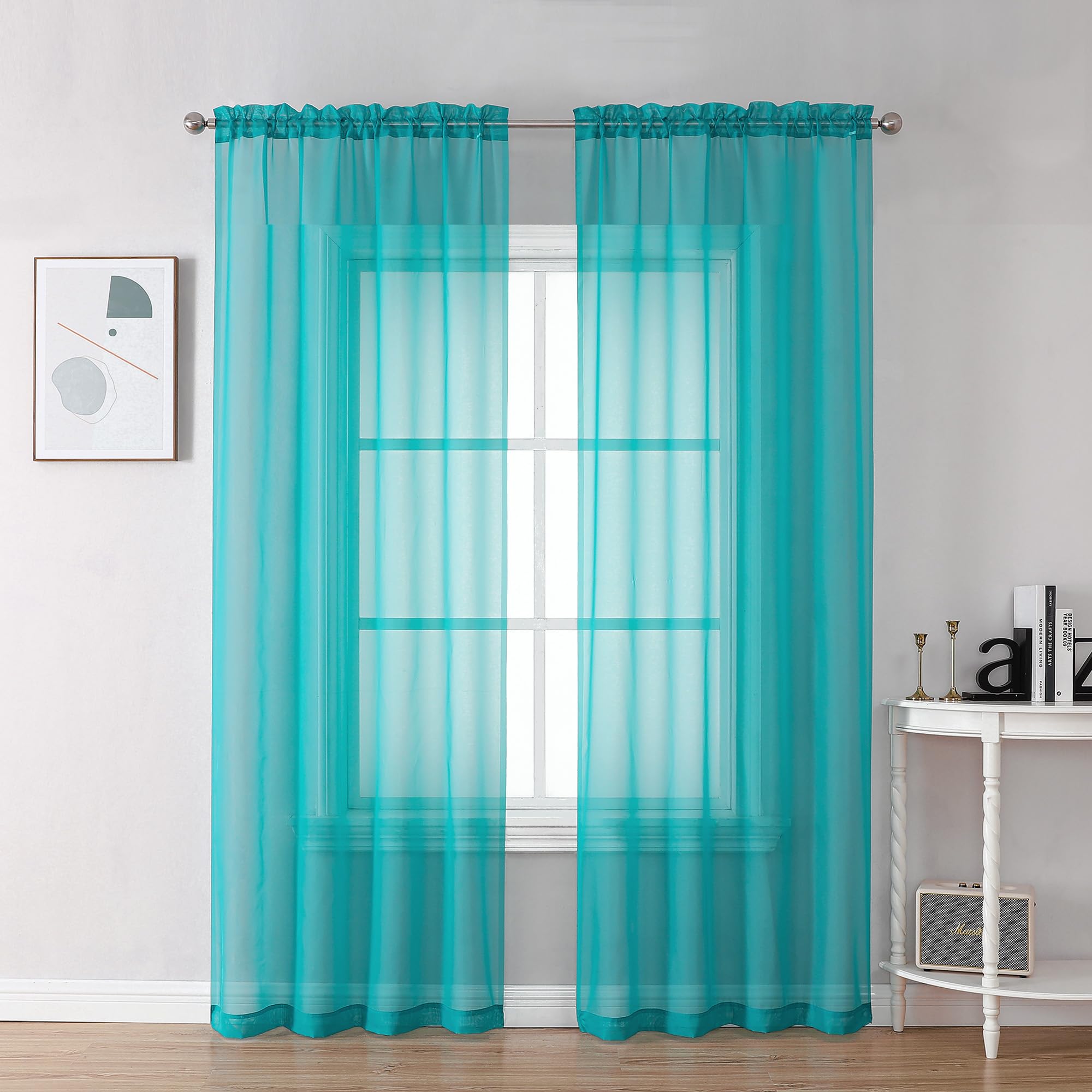 Chyhomenyc Turquoise Sheer Curtains 72 Inch Length 2 Panels, Light Filtering Soft Airy Rod Pocket Voile Window Curtain Drapes for French Door Bedroom
