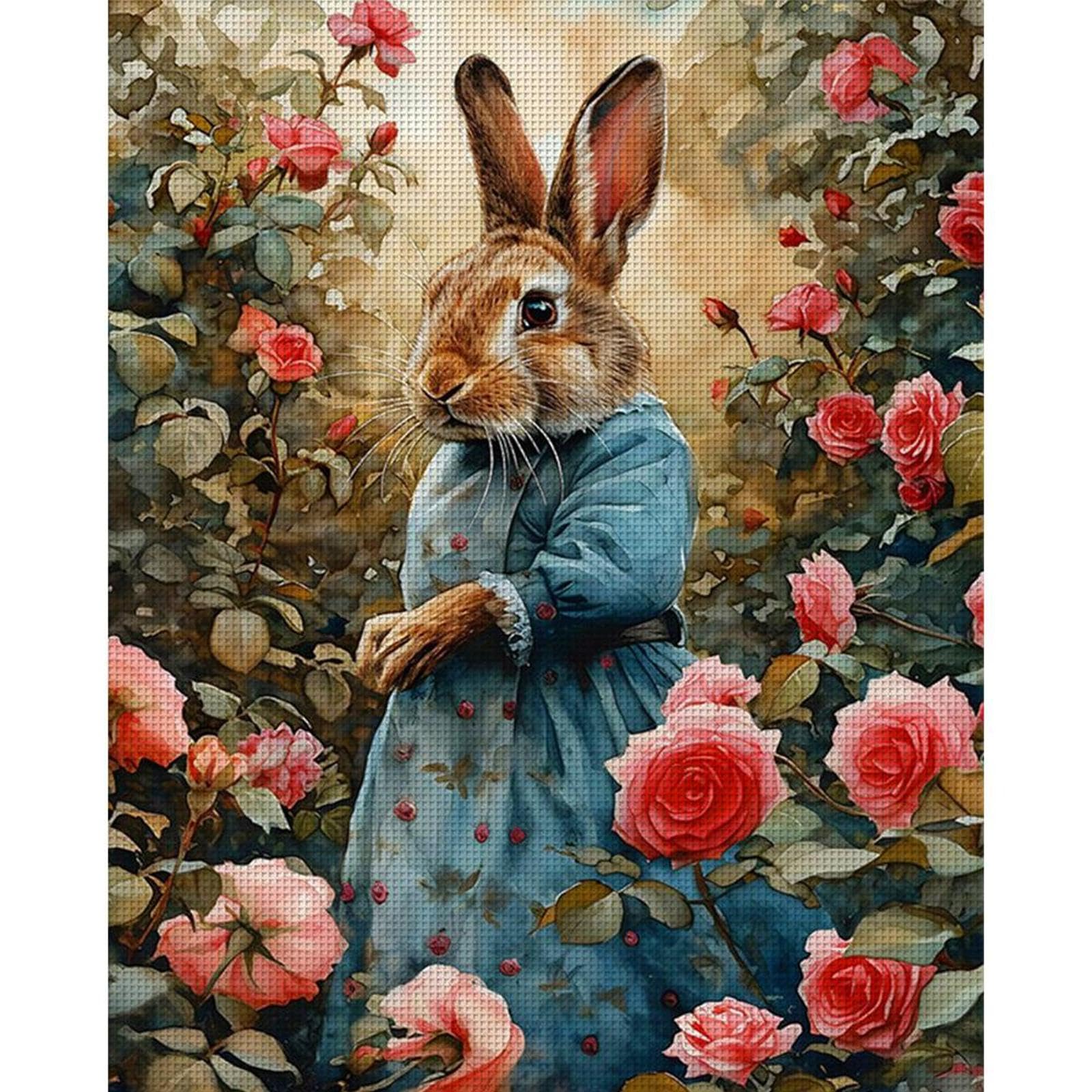 Easter Rose Rabbit 11CT Stamped Cross Stitch Kits for Adults - Needlepoint Kits for Beginners, Embroidery Ornament Kit for Home Decor & Gifts(40 * 50cm)