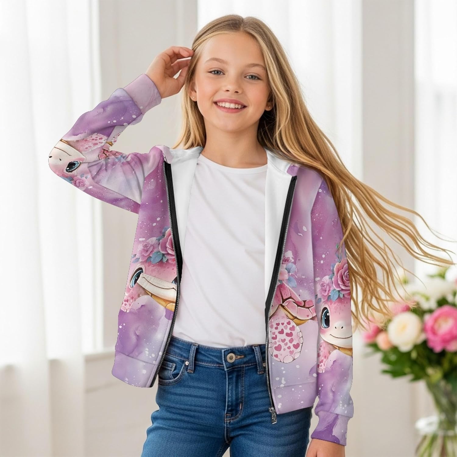Girls Oversized Hoodie Jacket Animal Print Fall Casual Zip Up Jacket Lightweight Long Sleeve Hooded Sweatshirt