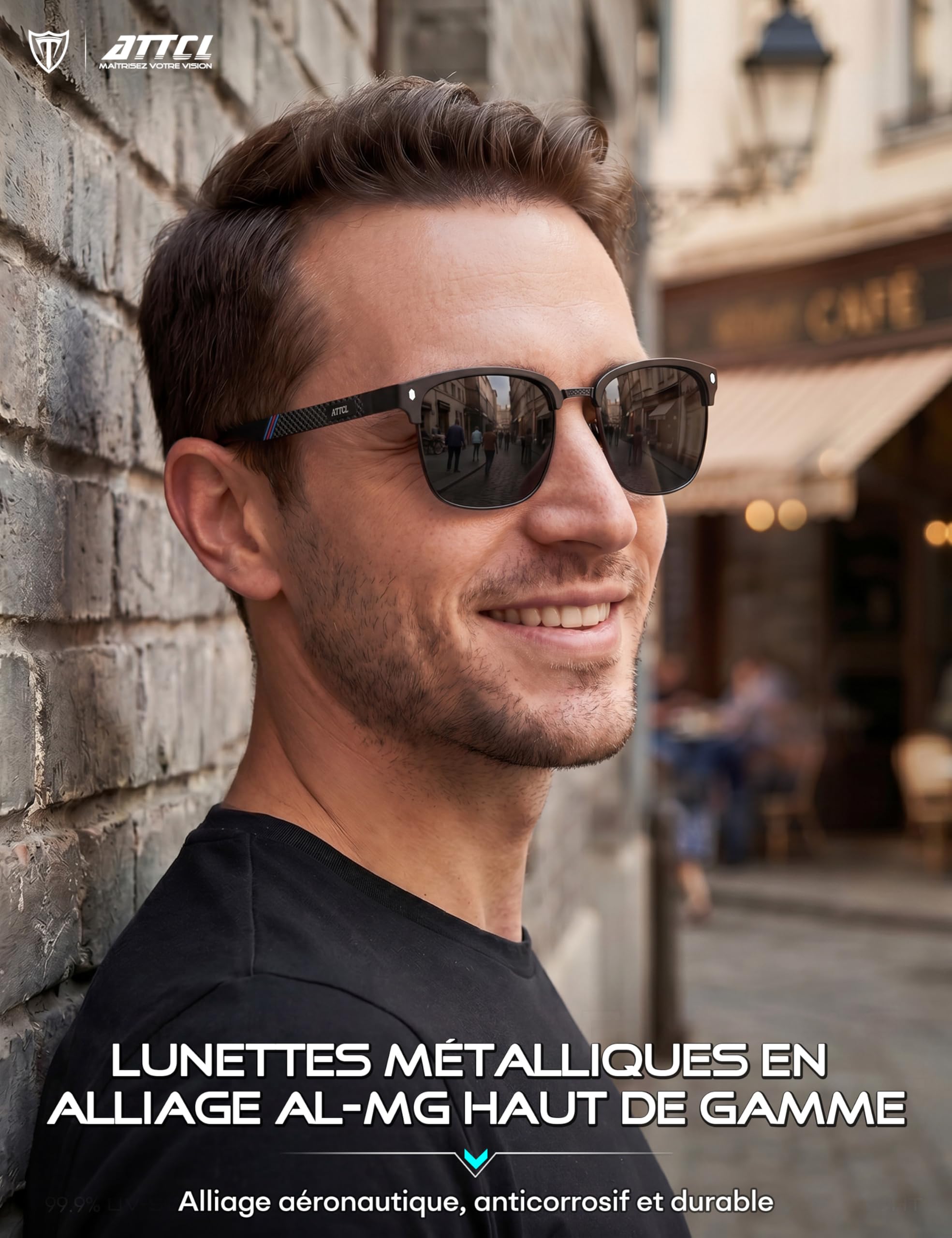 ATTCL Lunettes de Soleil Homme Polarisées: UV400 léger AL-MG Carré Semi-Monture Verres Miroir Conduite Randonnée Voyages
