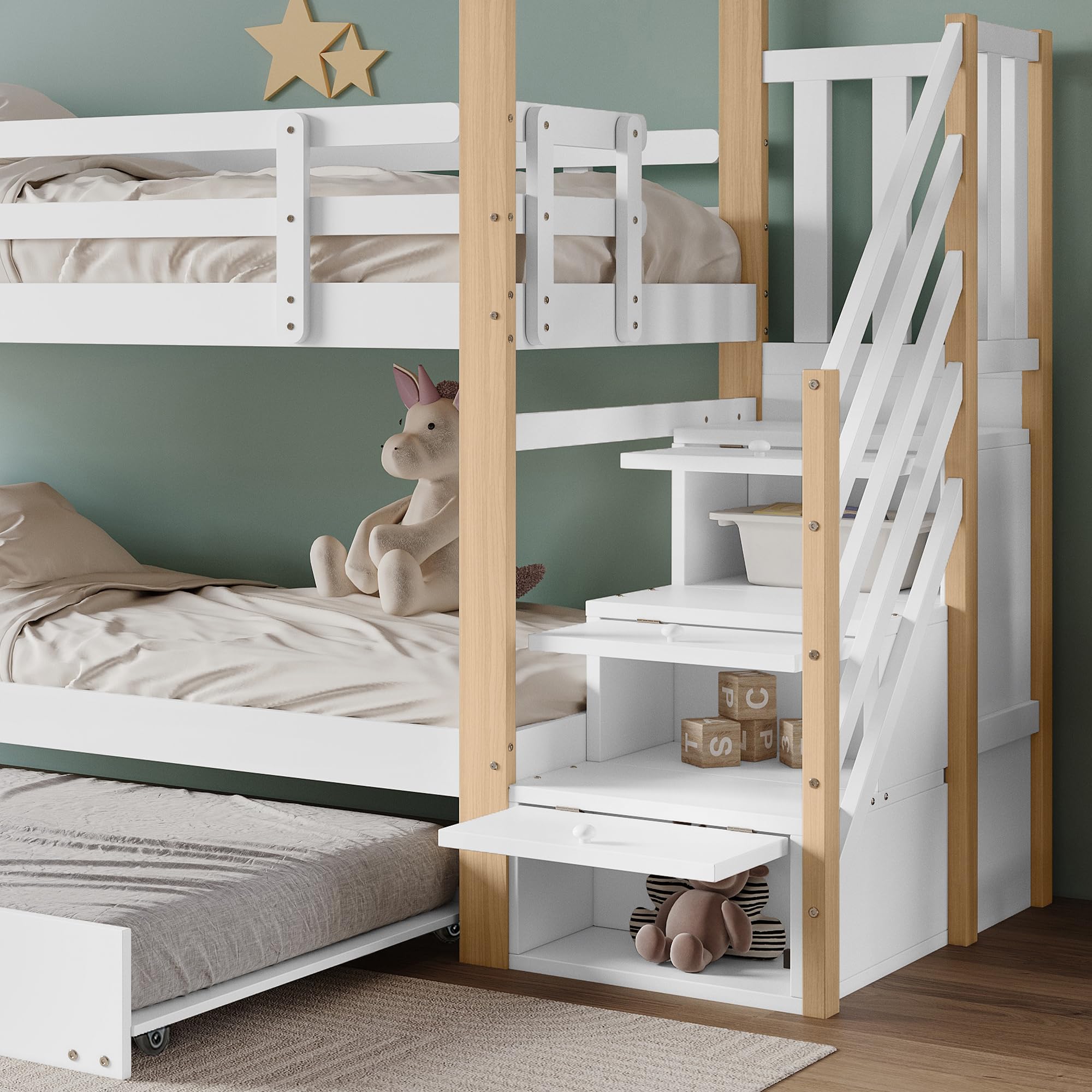 Moimhear litera con casa del árbol extensible, cama corrediza, escalera con 4 cajones, cama infantil con protección contra caídas y reja de cama infantil, con somier, Natural+Blanco (90x200cm