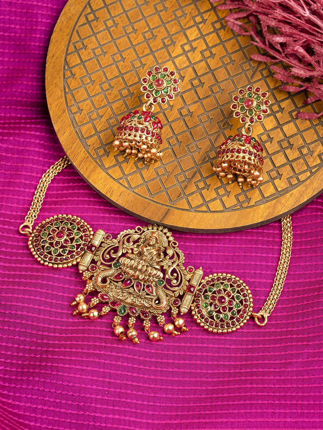 Real Kemp Gold Plated Goddess Lakshmi Choker Set