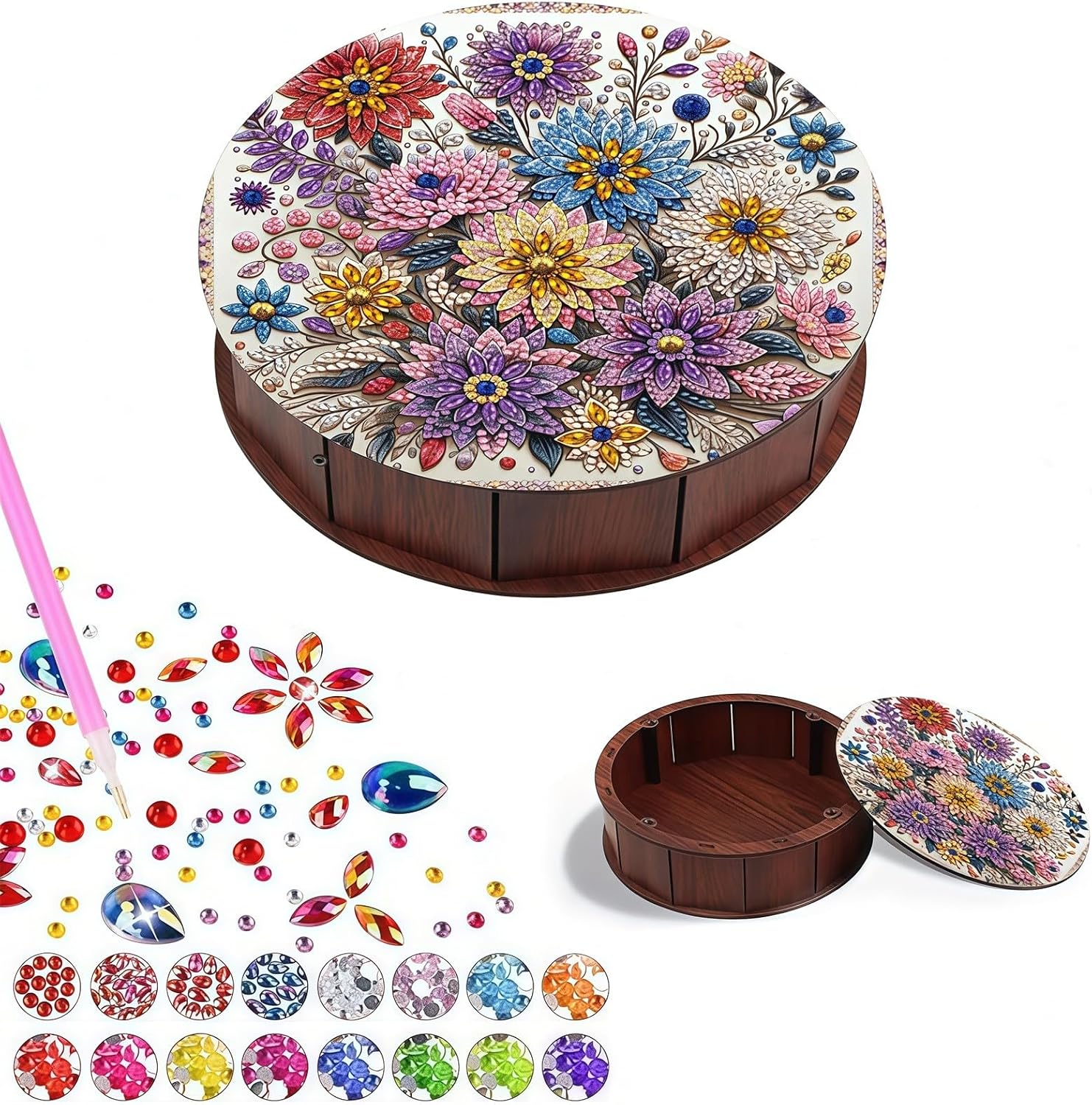 DIY Diamond Art Painting Art Round Wooden Storage Box Creative Desktop Organizer Jewelry Accessories Trinket Case Handmade Present-Flowers-3