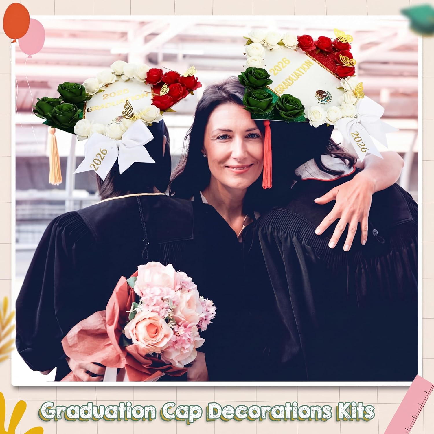 WinnerWhy 50Pcs DIY Mexican Flag Graduation Cap Decorations 2026 Handmade Mexico Grad Hat kit Included Faux Flower Heads Letter Number Rhinestones 3D Butterfly Stickers for Craft Graduation Cap Topper