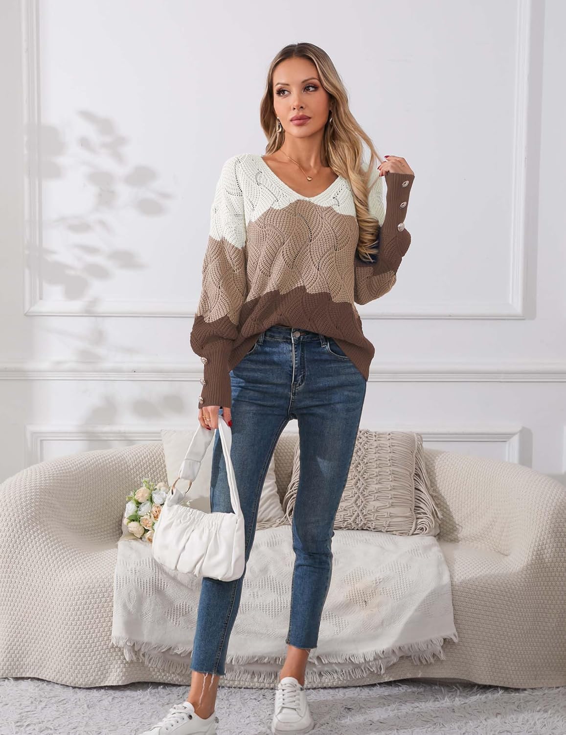 Womens Oversized Cute Color Block Button Sweater Spring 2026 Lightweight Crochet Knit Sexy V Neck Pullover Top - Image 7