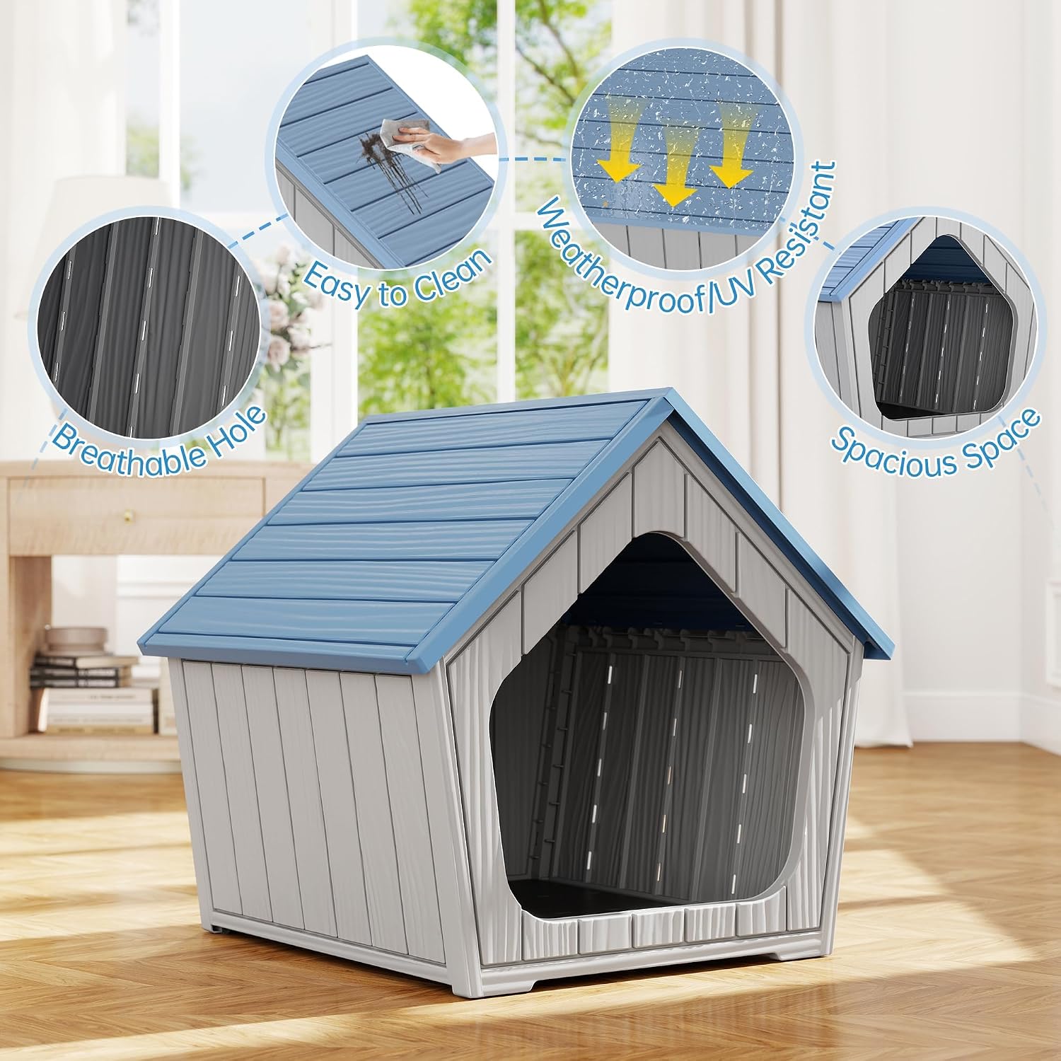 Fancyango Indoor Outdoor Small Dog House - Weatherproof for Small Dogs, Sturdy Pet Kennel Shelter for Indoor Living Room & Outdoor Patio (Blue, 23.43" L×22.44" W×22.24" H)