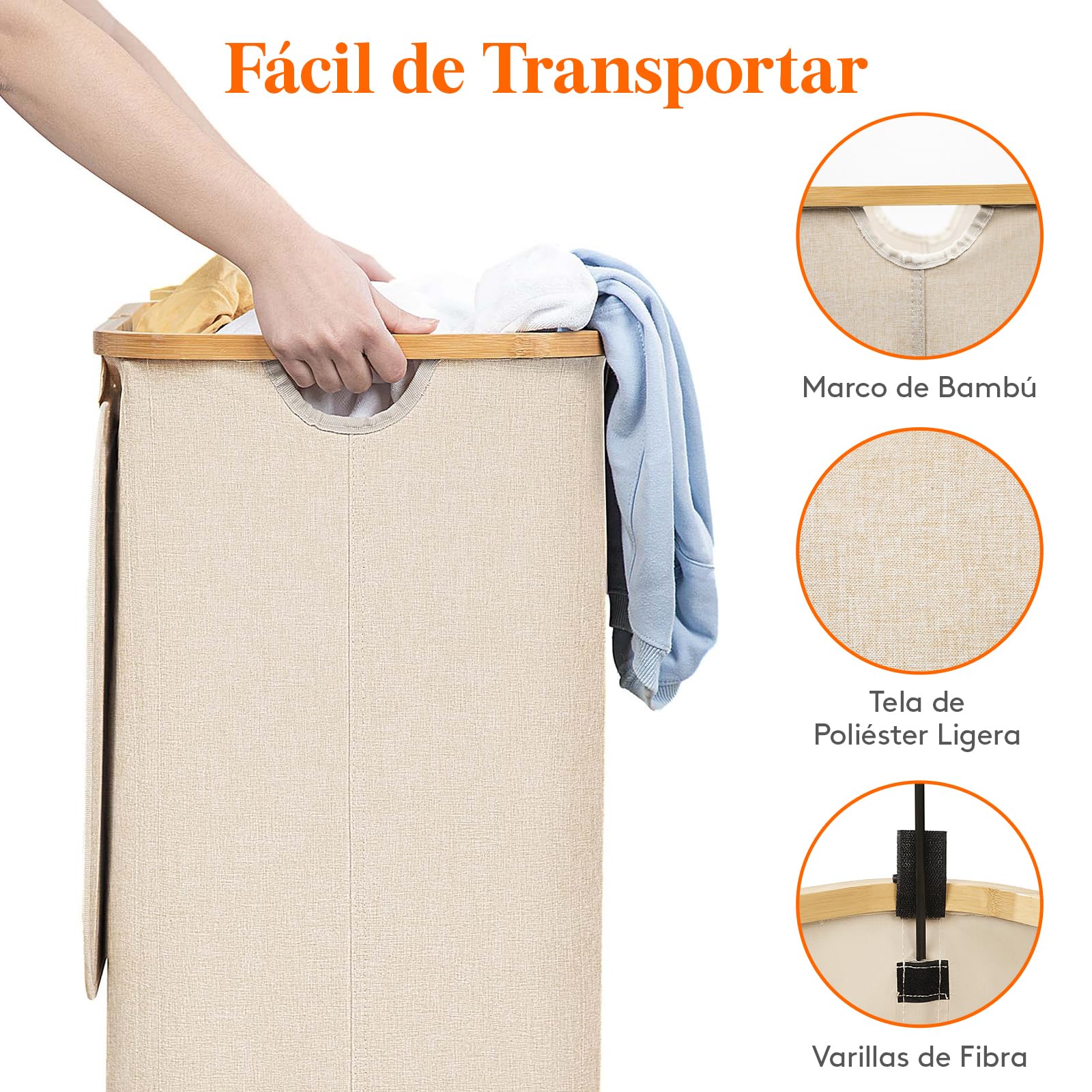 Lifewit Cesto para la Ropa Sucia 100L con Tapa, Cesta de Bambú Plegable con Bolsa Extraíble, Beige