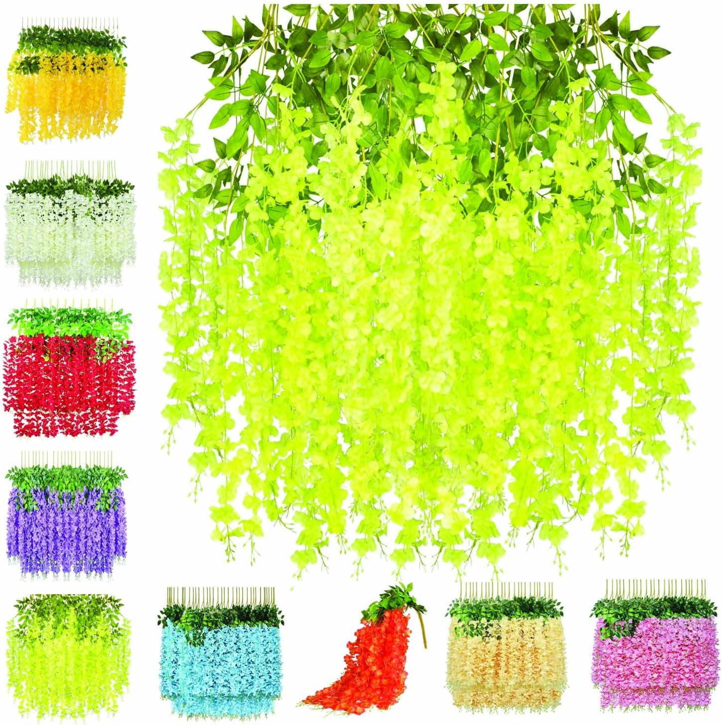 Water Proof Hanging Artificial Wisteria Flower Strings_Pack of 6_Light Green Color_110 Cms_for Wedding_Party_Home_Ceiling_Balcony_Office_Wall Decor WF5